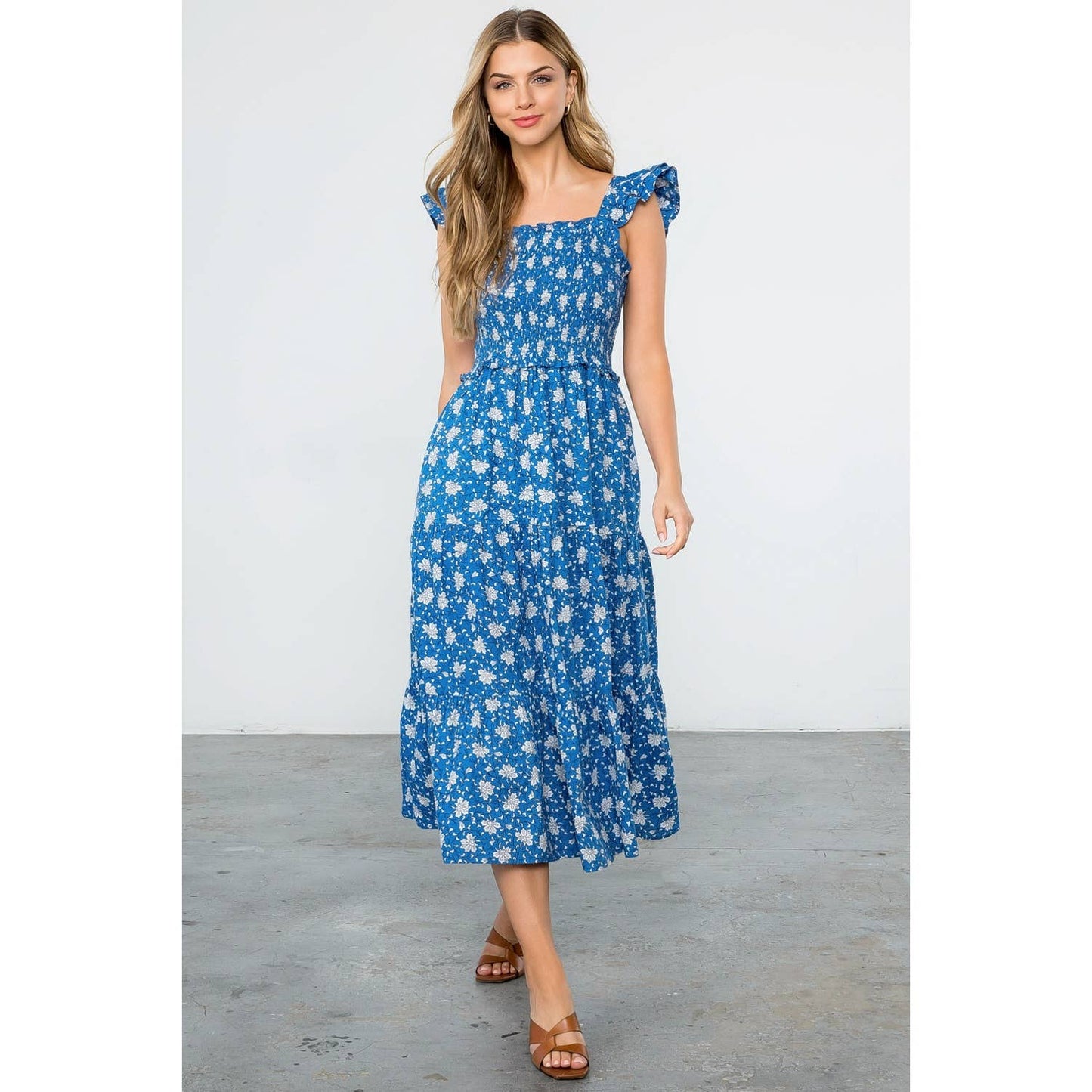 Smocked Tiered Flower Print Dress 