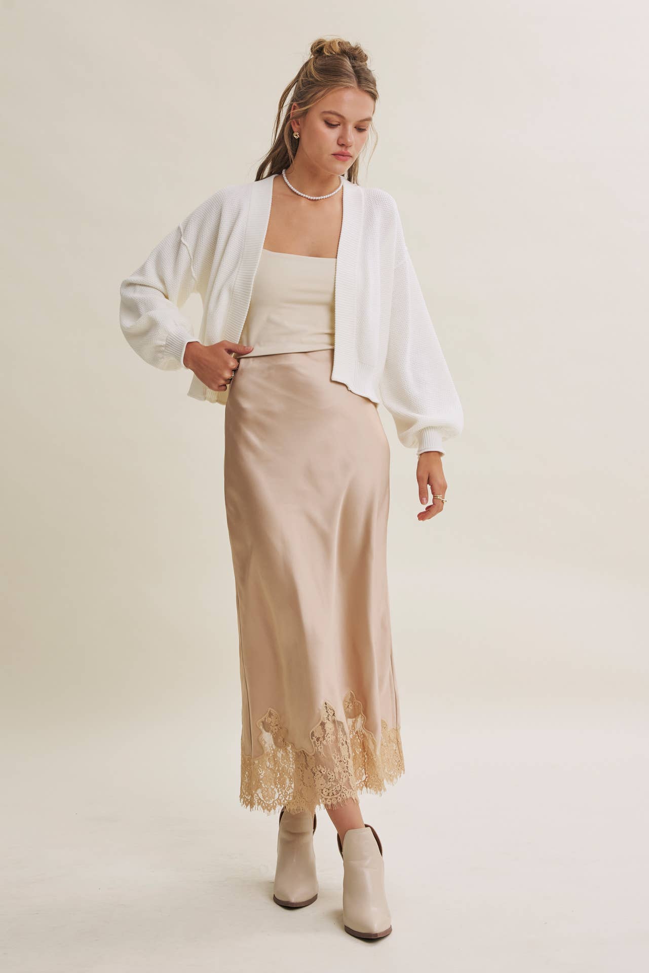 Elegant French Lace Satin Midi Skirt