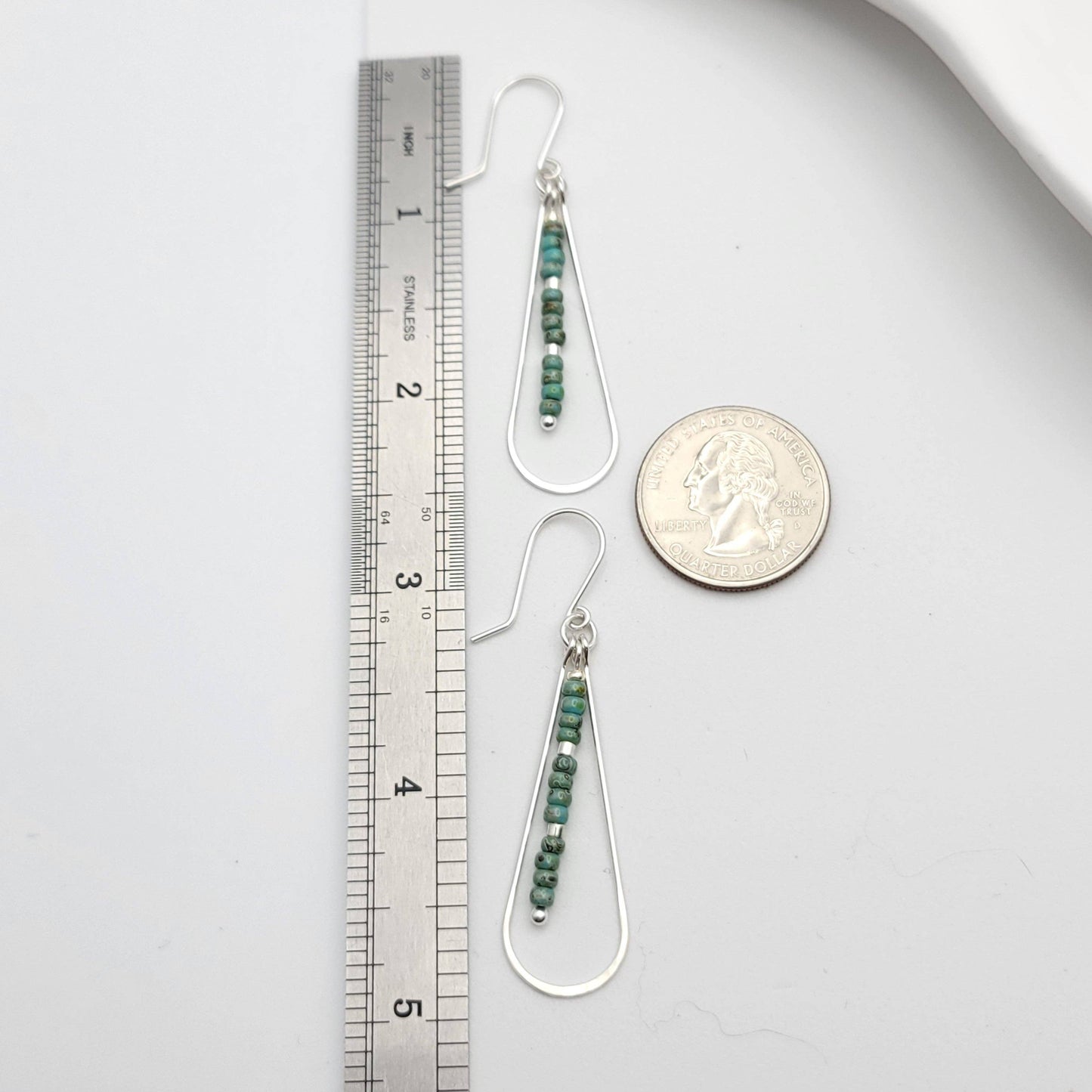 Long Silver Teardrop Hoop Earrings with Turquoise Beads 