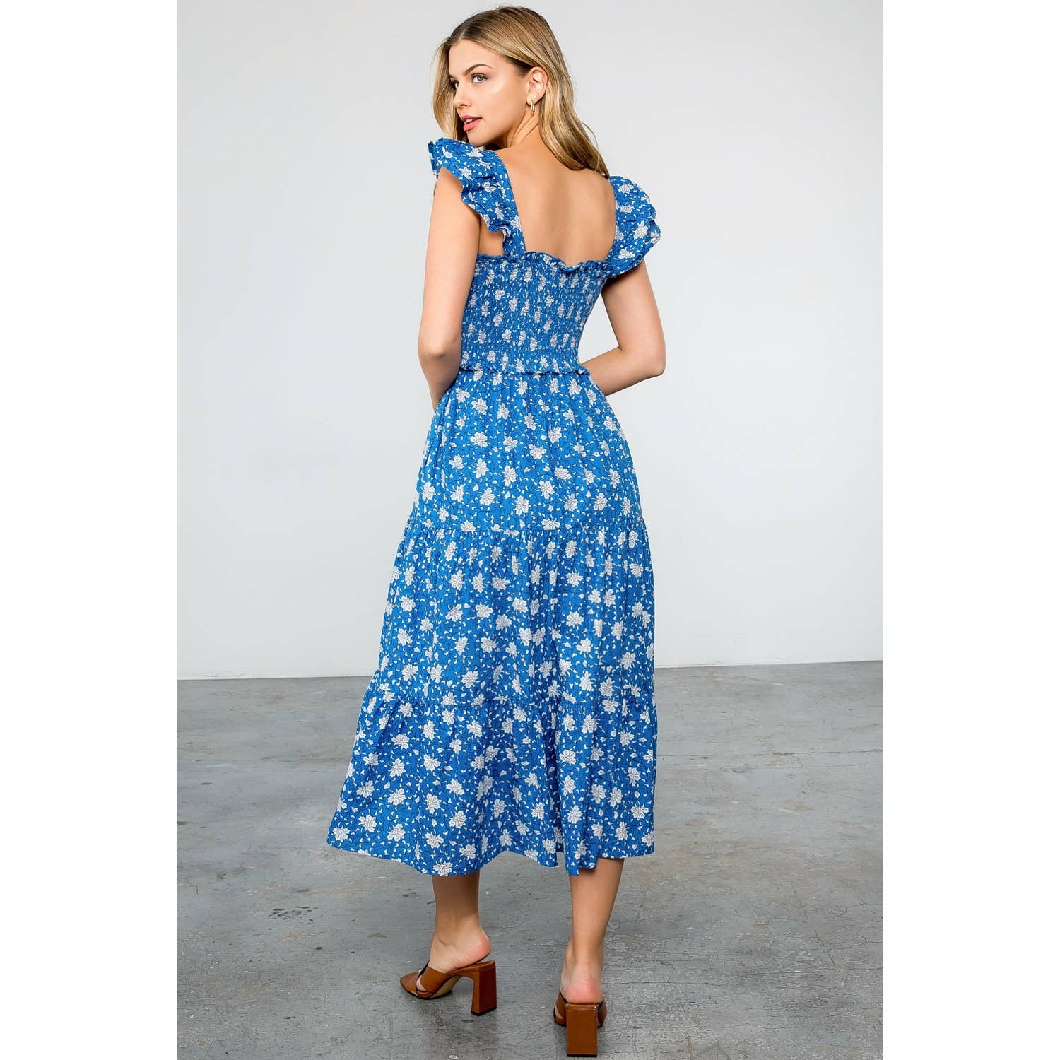 Smocked Tiered Flower Print Dress 