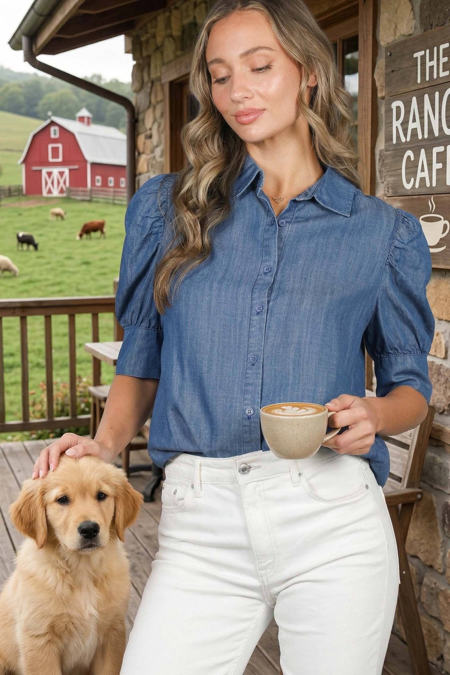 Collared Puff-Sleeve 100%Tencel Chambray Denim Shirt