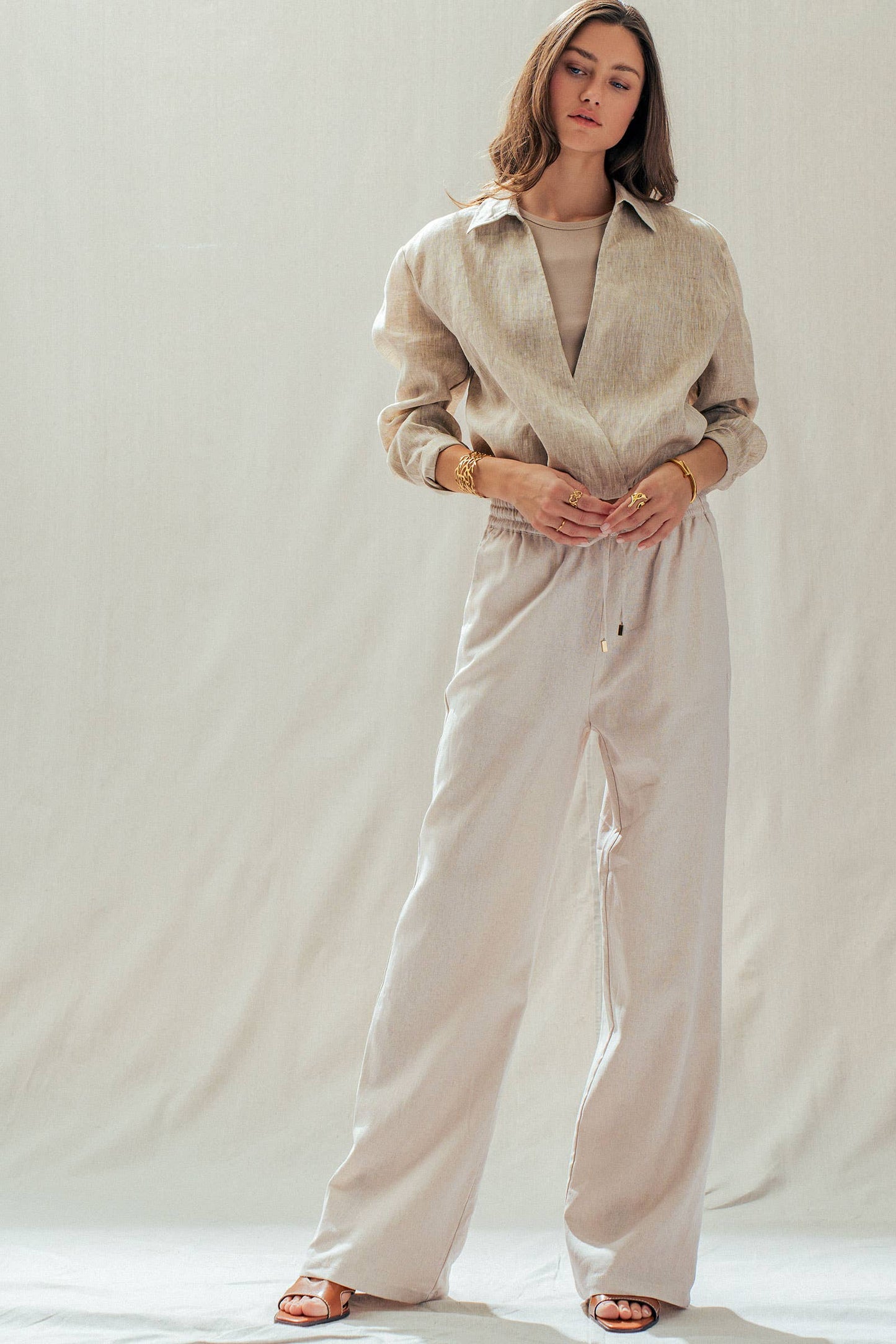 Linen Blend Wide Leg Pants Drawstring Waist 