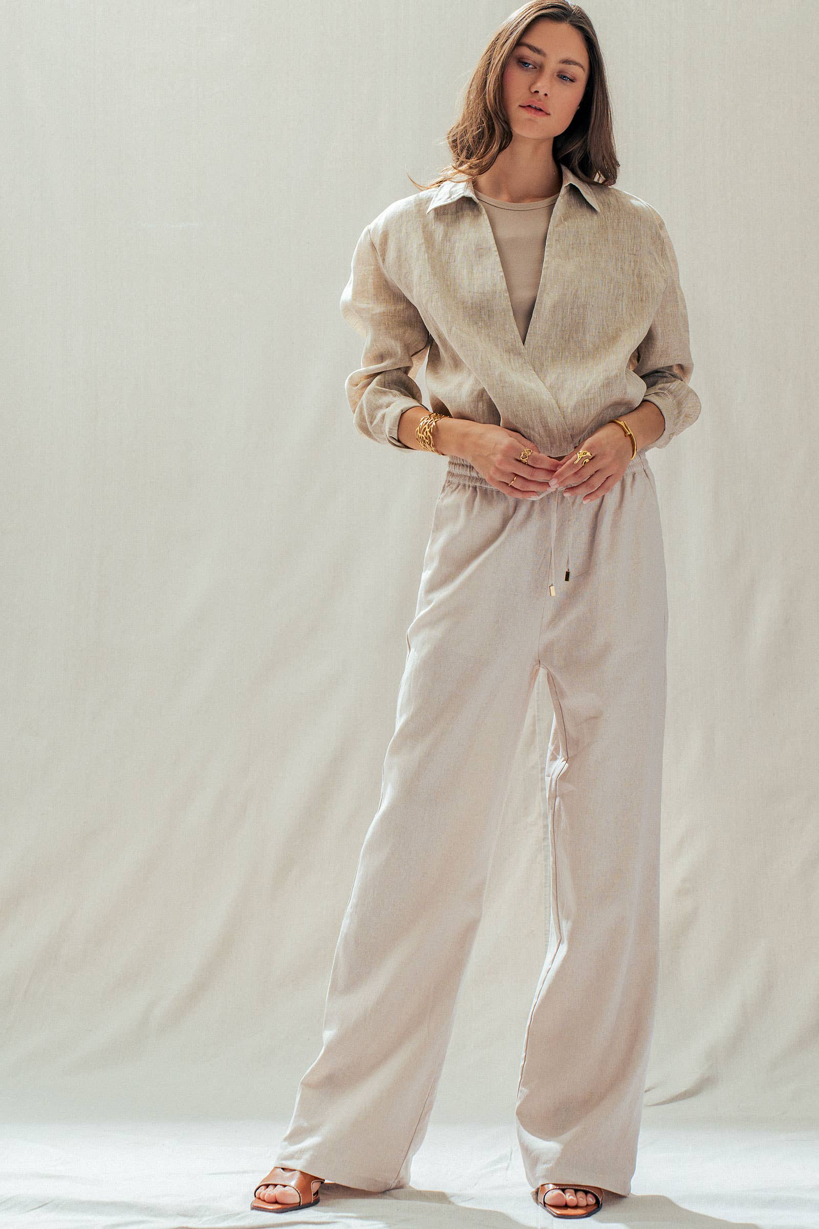 Linen Blend Wide Leg Pants Drawstring Waist 