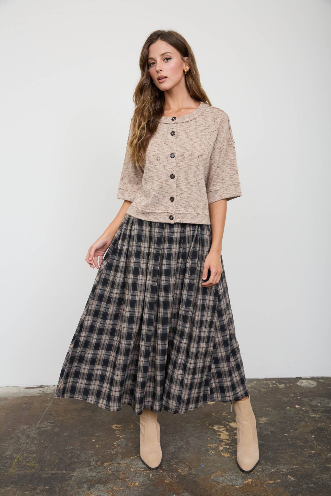 Plaid Pleated Midi Skirt