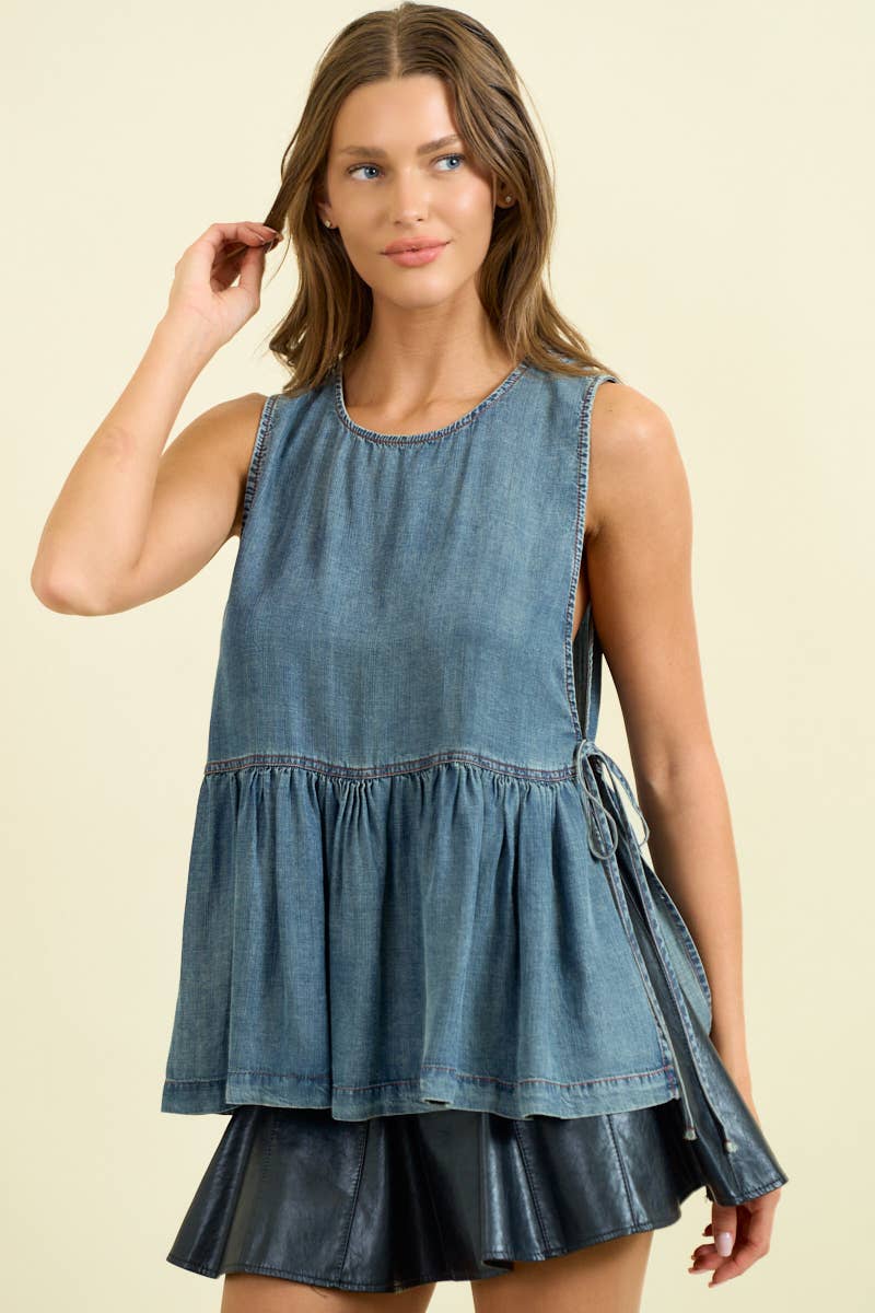 Sleeveless Side Tie Denim Peplum Top