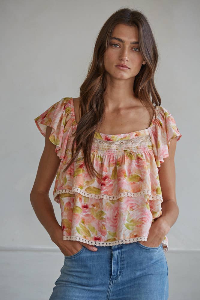 Woven Nylon Tencel Floral Print Short Sleeve Top 