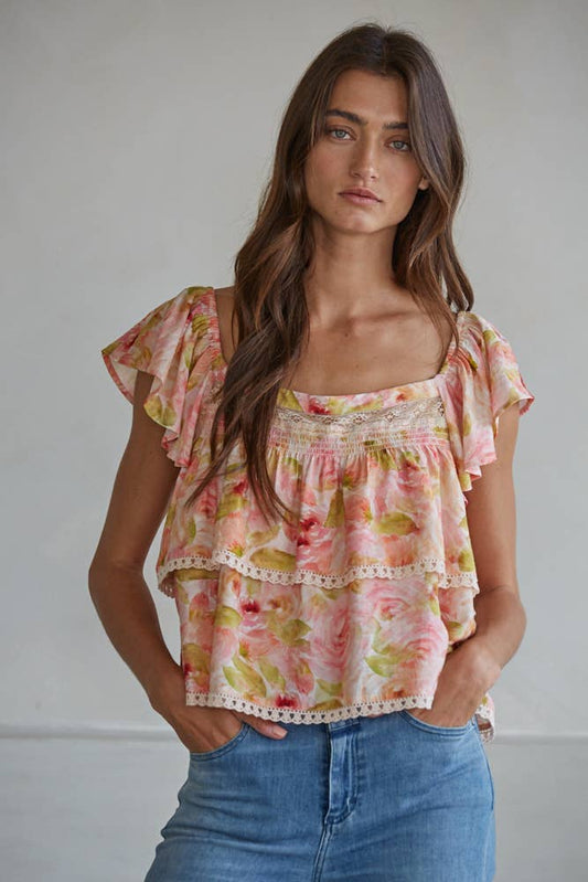 Woven Nylon Tencel Floral Print Short Sleeve Top