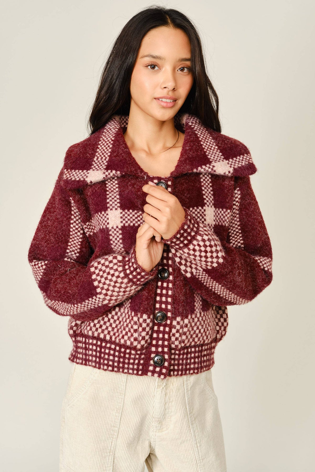 Wine Plaid Button Down Jacket