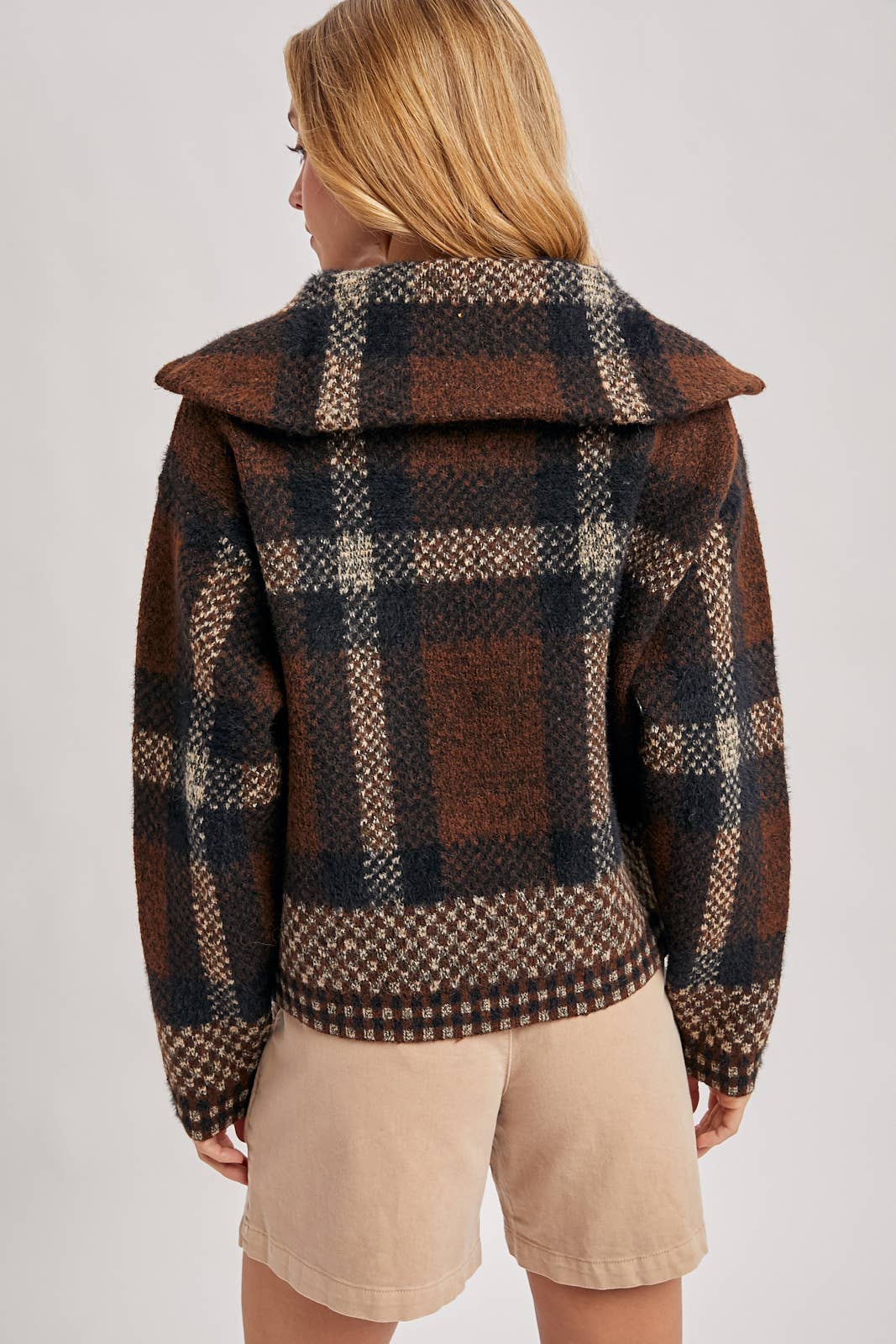 Plaid Zipper Front Wide Collar Jacket