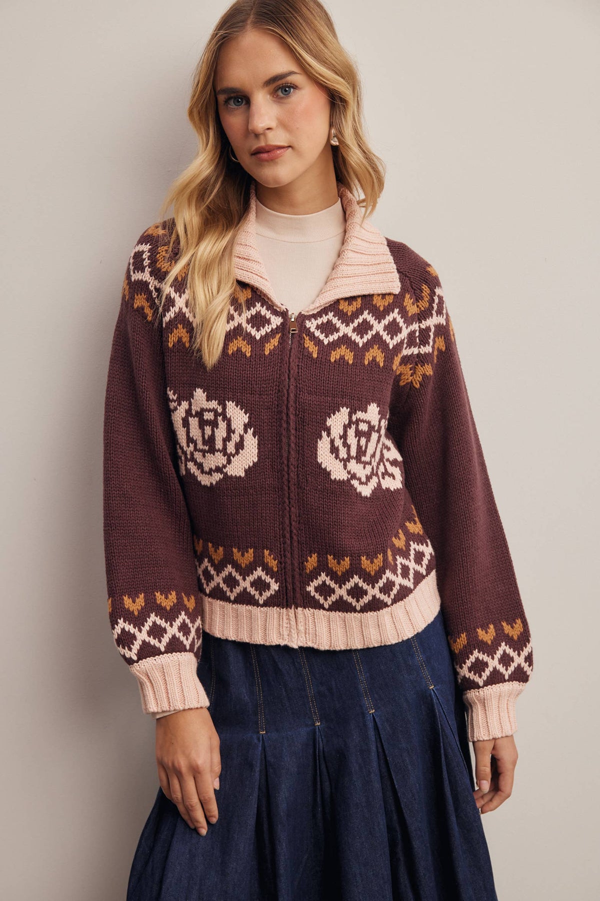 Floral Fair Isle Zip-Up Knit Cardigan