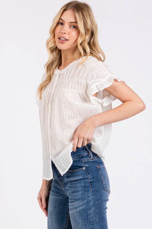 Short Sleeve Ruffled Button Down Top