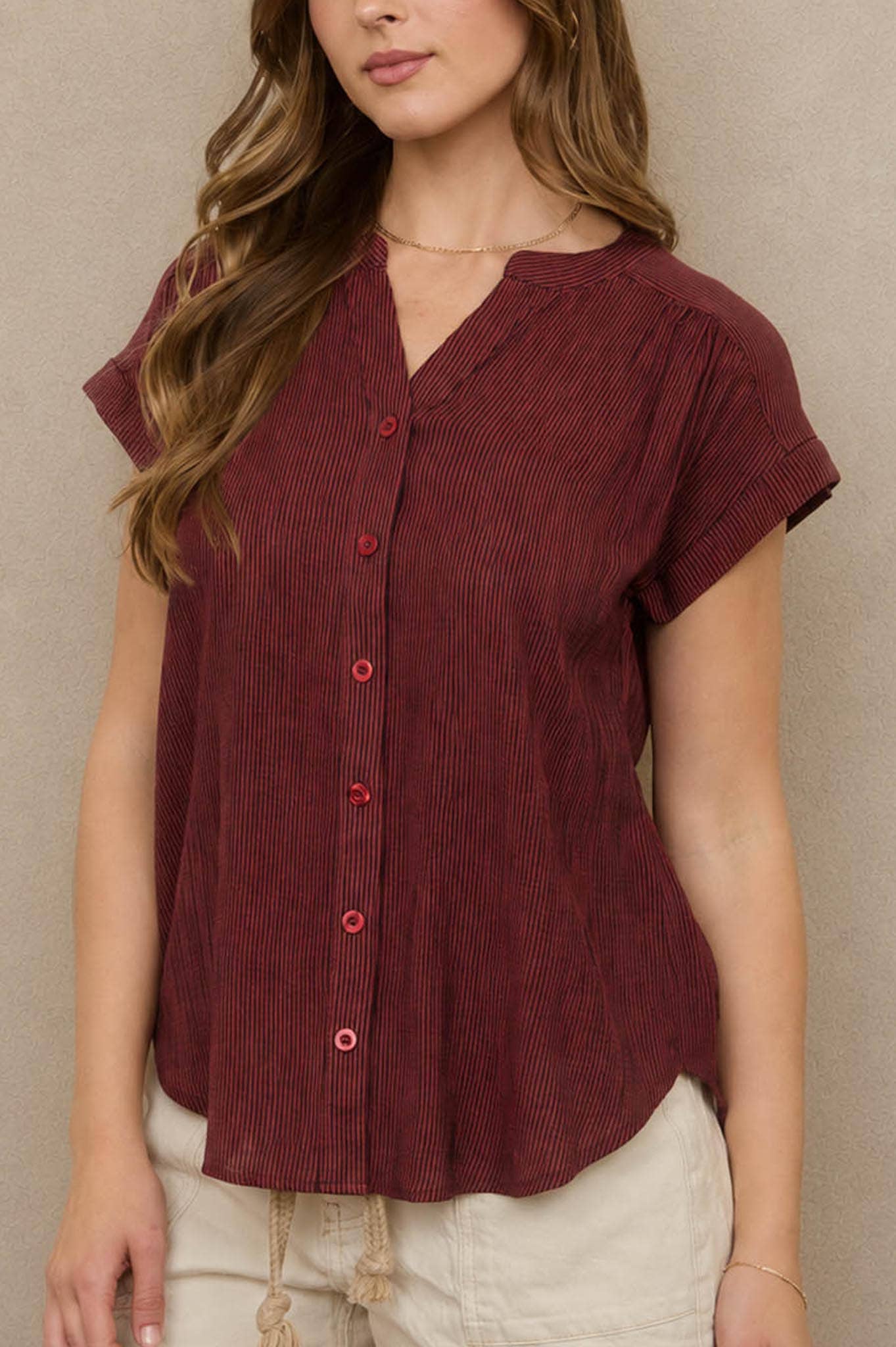 Wine Pinstripe Short Sleev Button Down Shirt