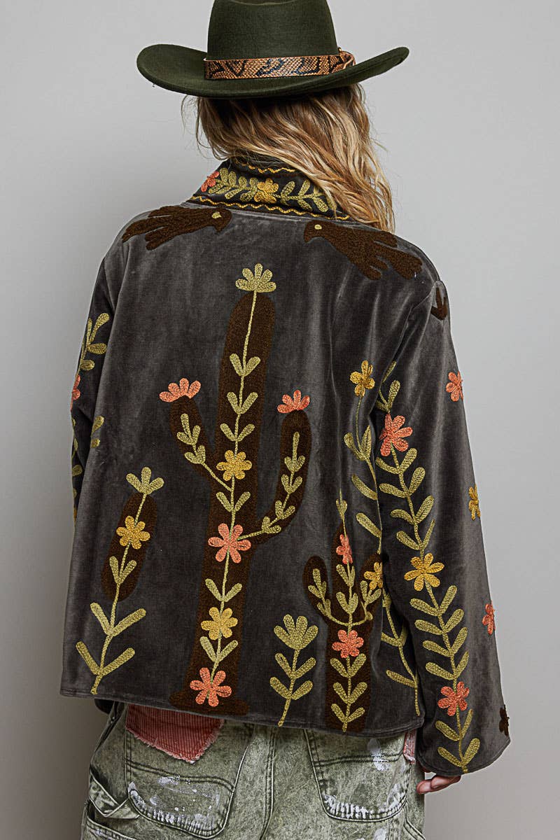 Vine Embroidery Floral Open-Front Closure Velvet Jacket