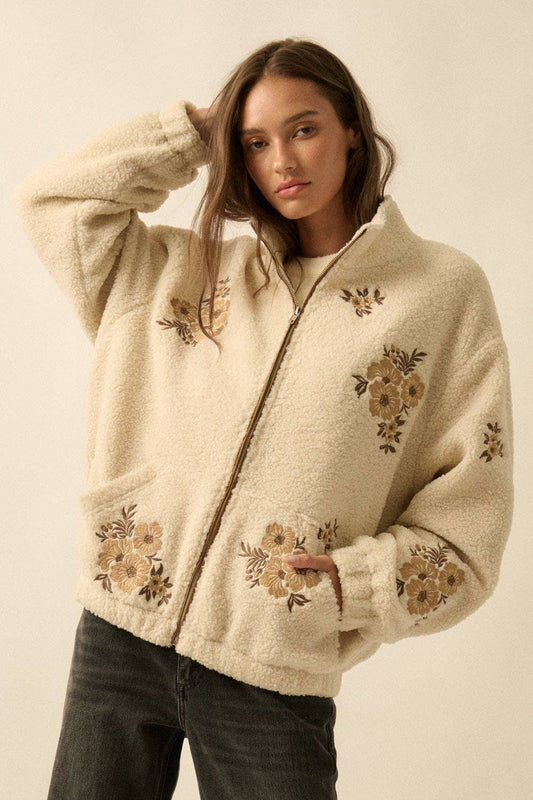 Floral Embroidered Sherpa Fleece Zip-Up Jacket
