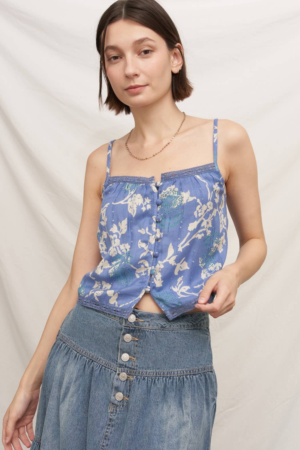 Printed Cami Top with Lace Trim and Sequin Detail