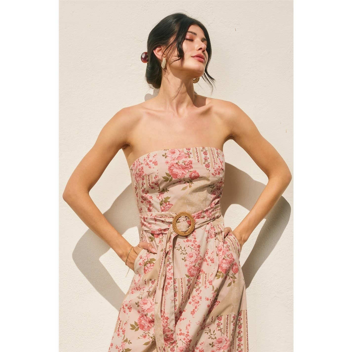 Floral Scarf Rattan Belt Strapless Maxi Dress