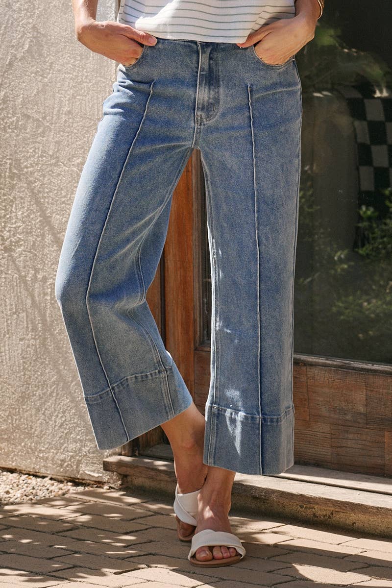 Mid Rise Stretch Denim Wide Leg Front Seamed Jeans