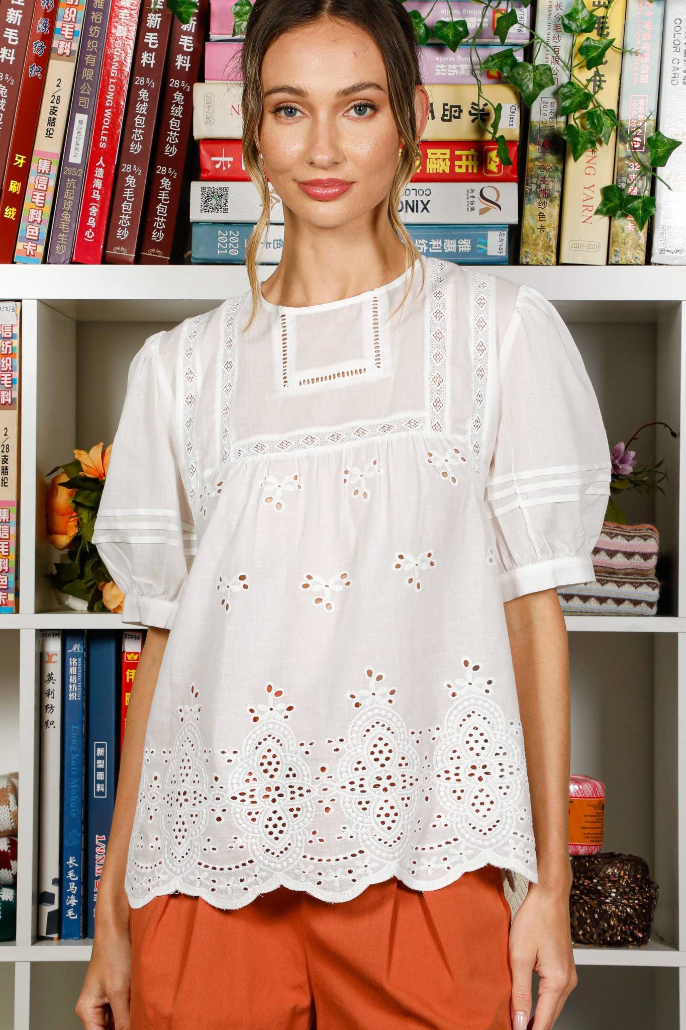Floral Embroidery Eyelet Lace 100%Cotton Blouse