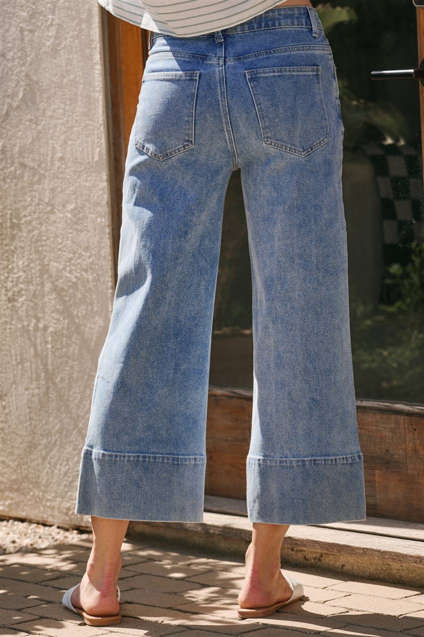 Mid Rise Stretch Denim Wide Leg Front Seamed Jeans