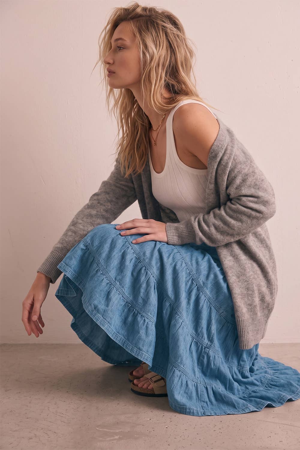 Denim Smocked Waist Tiered Midi Skirt