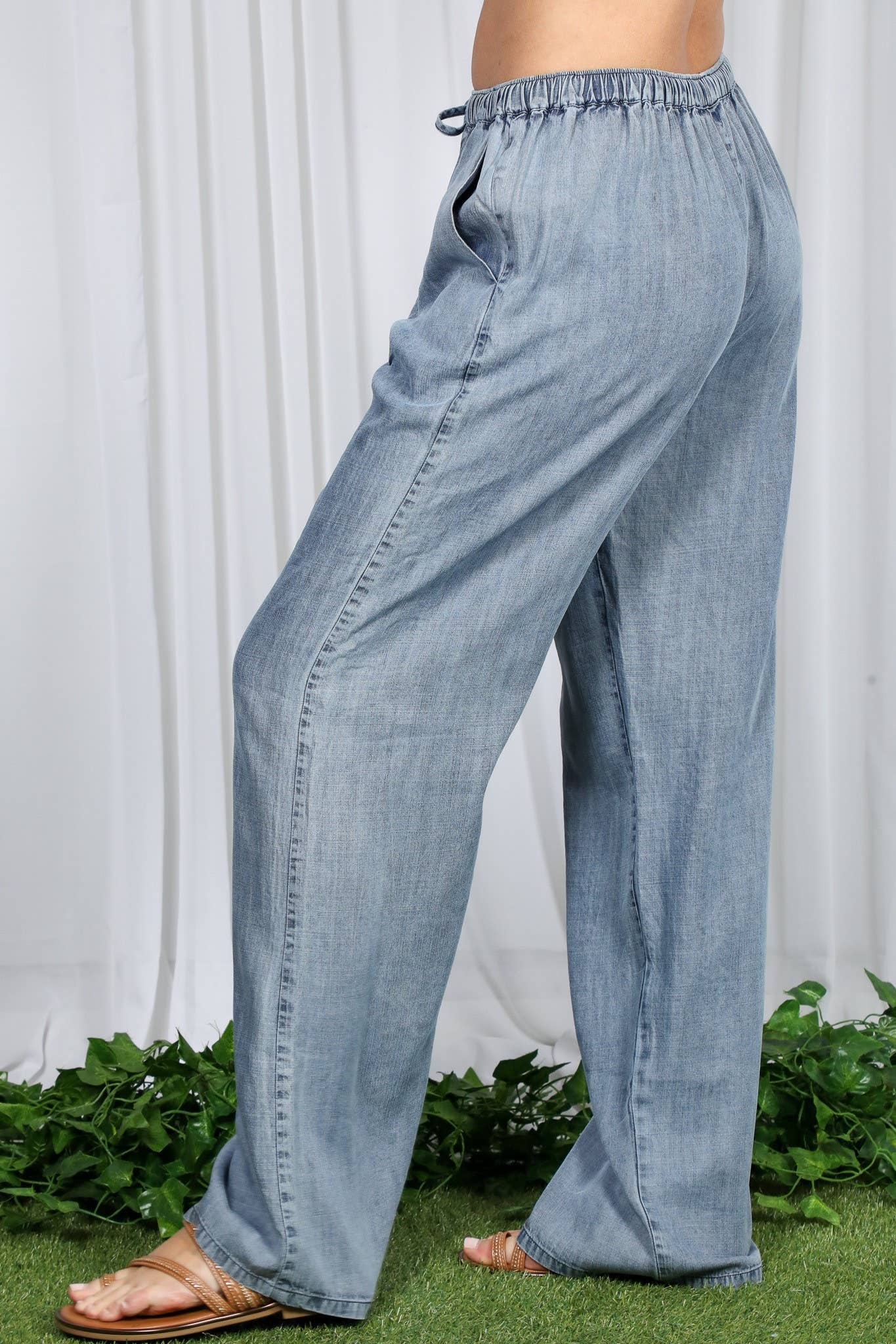 Casual Flowy Wide Leg Tencel Chambray Washed Pants