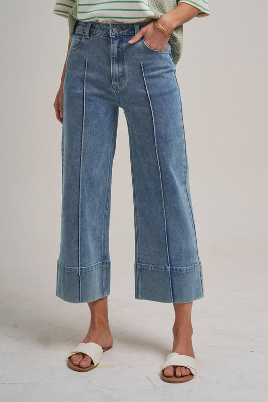Mid Rise Stretch Denim Wide Leg Front Seamed Jeans