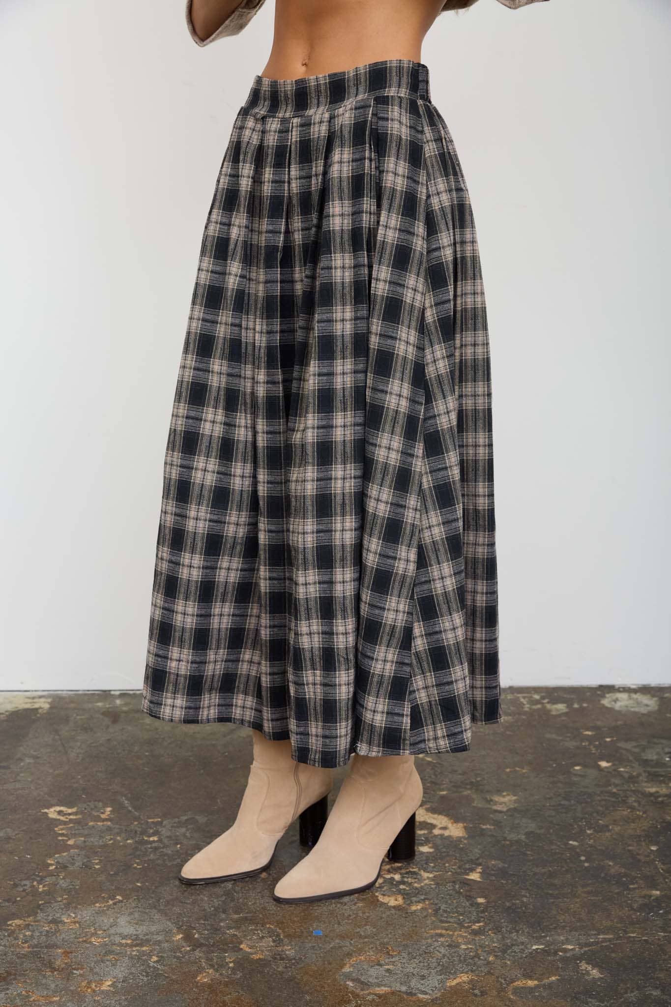 Plaid Pleated Midi Skirt