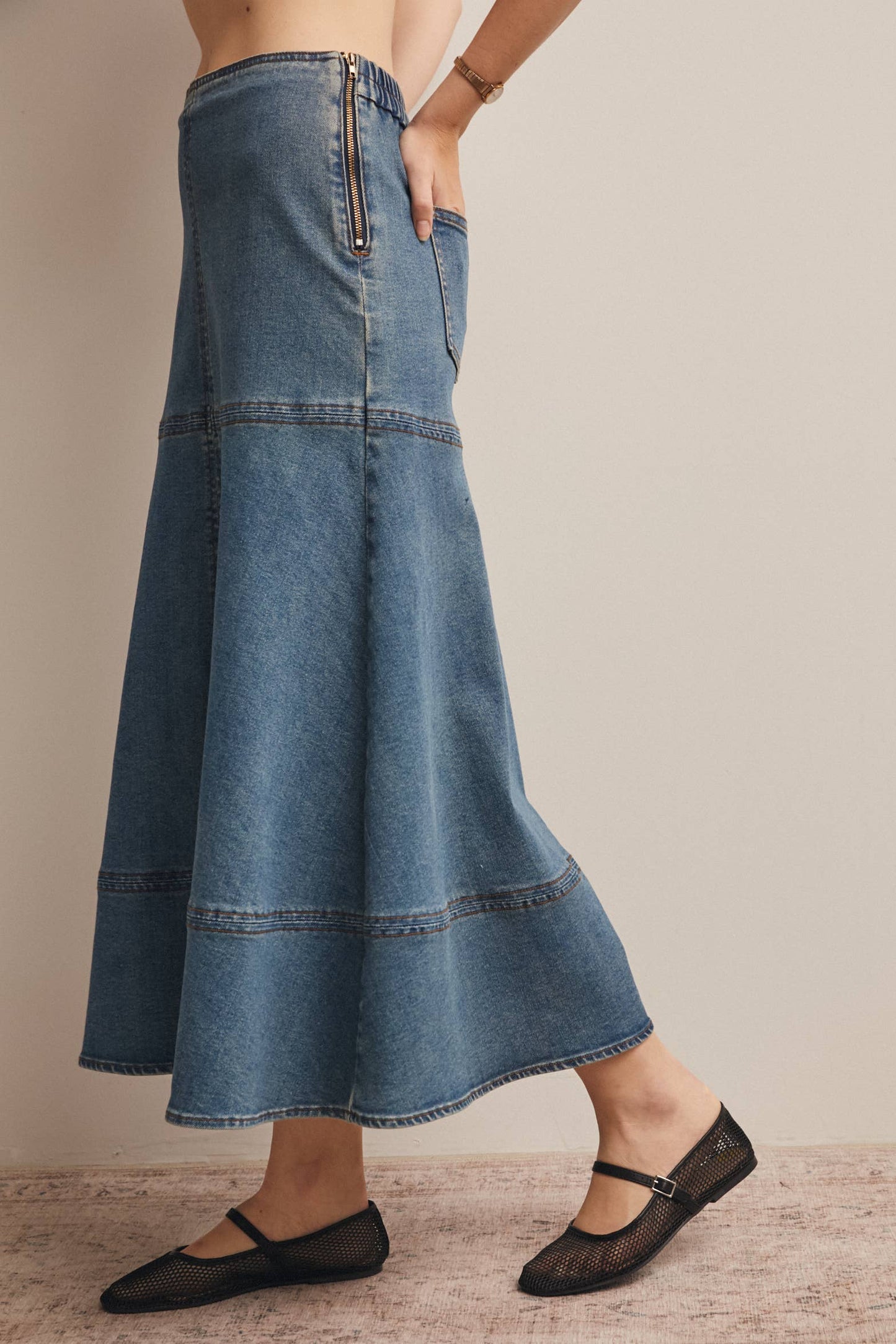 Panel Seam A-Line Denim Maxi Skirt