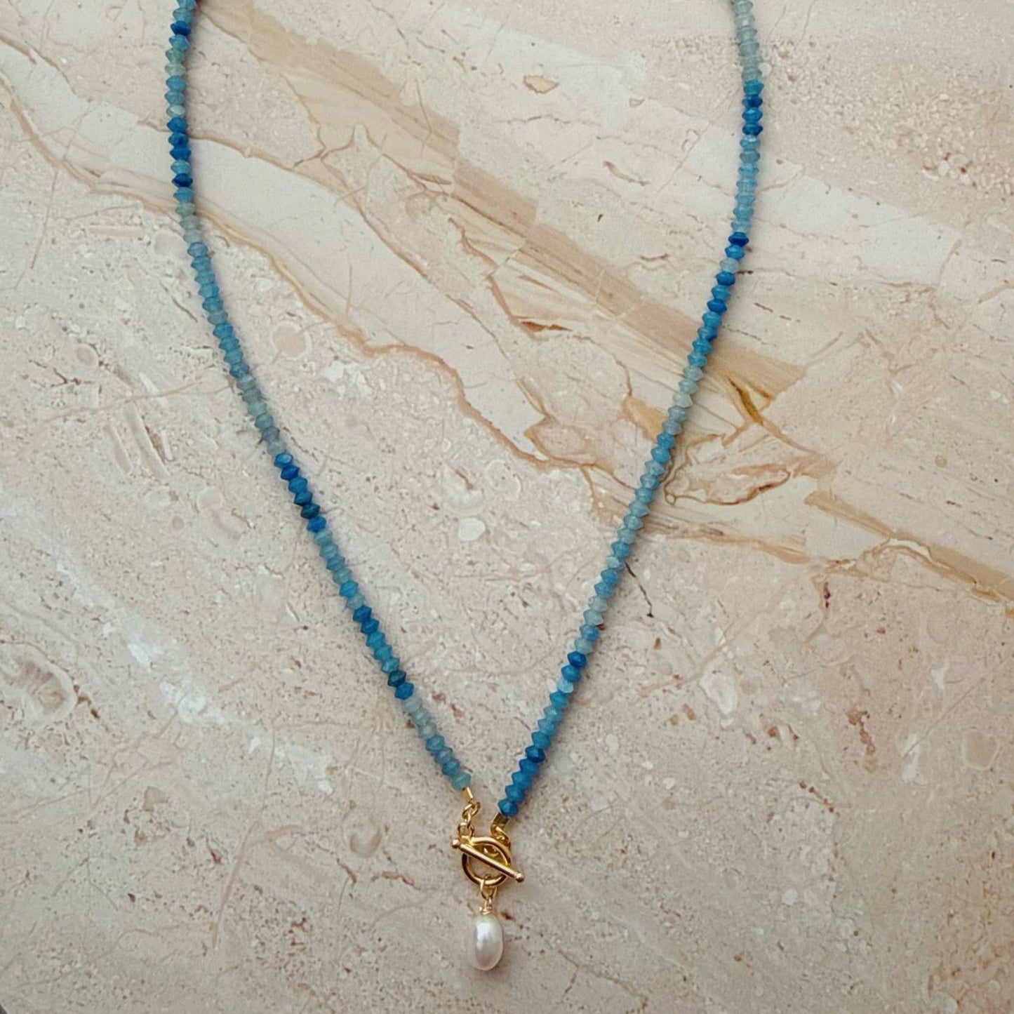 Crete Blue Aventurine Pearl Toggle Necklace Gold Filled
