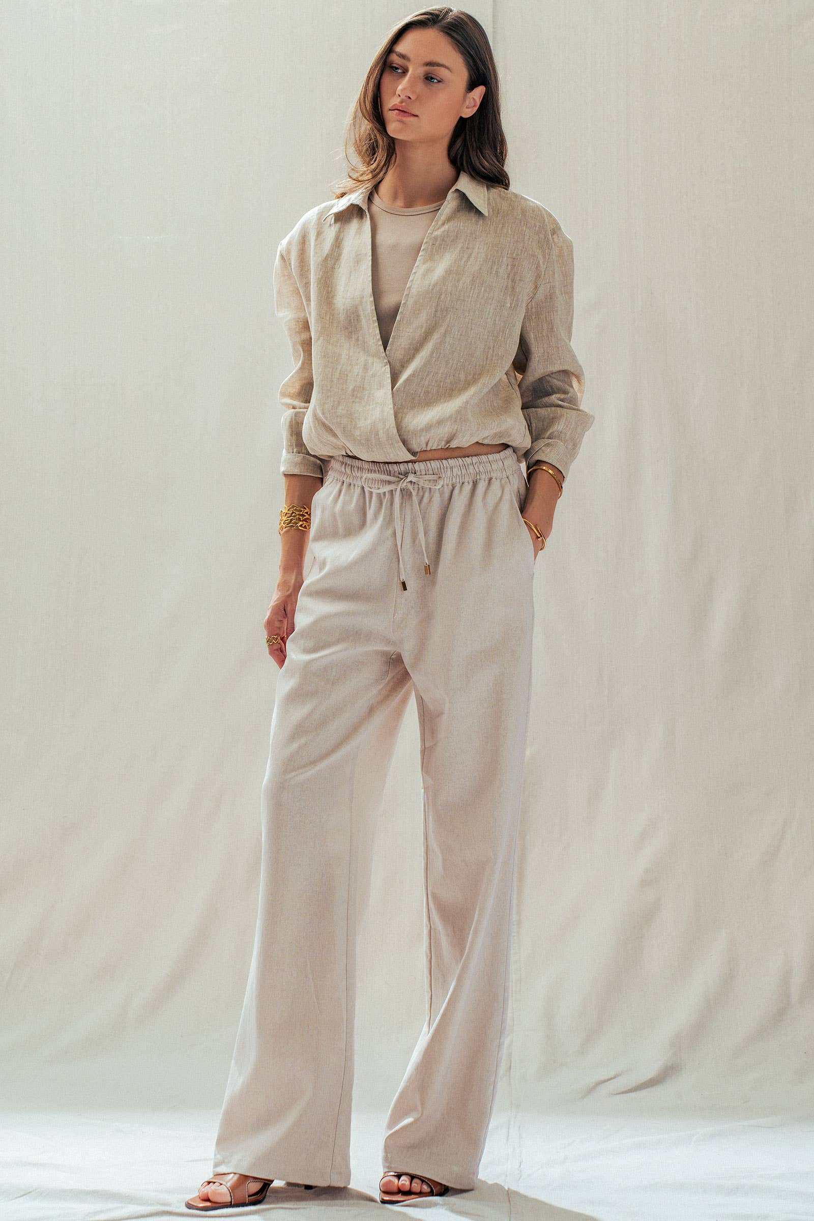 Linen Blend Wide Leg Pants Drawstring Waist 