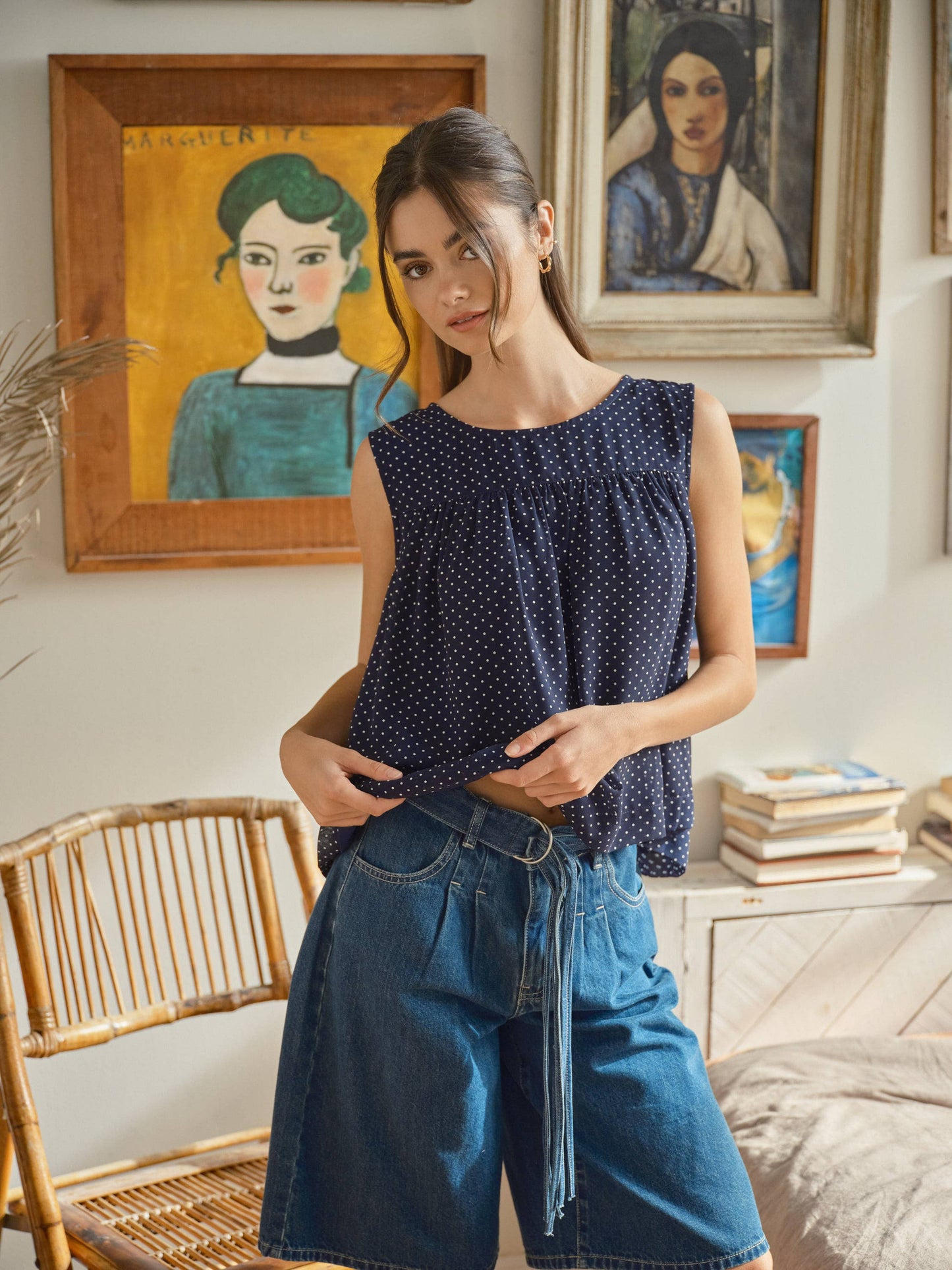 Navy Shirred Babydoll Flare Top