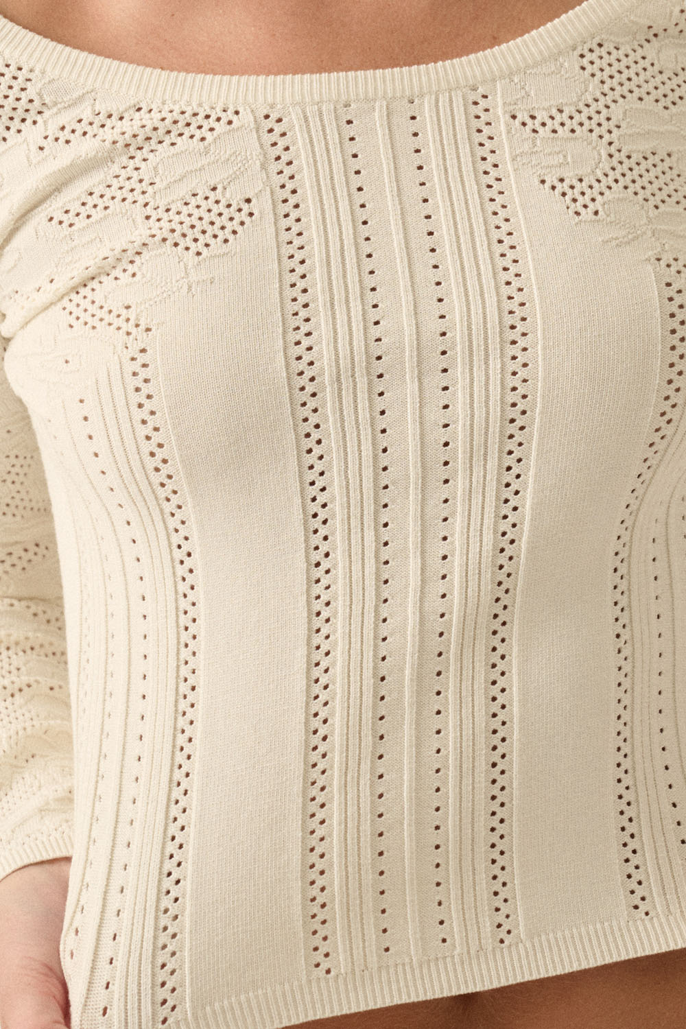 Floral Pointelle and Ribbed Knit Fitted Long-Sleeve Top: Cream