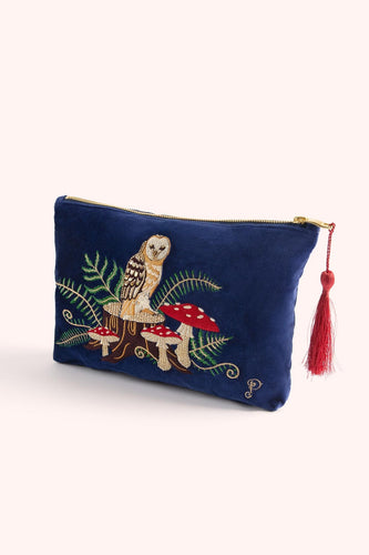 Woodland Owl Velvet Embroidered Zip Pouch Powder Design