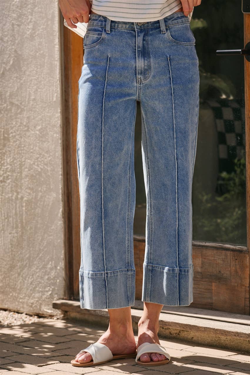 Mid Rise Stretch Denim Wide Leg Front Seamed Jeans