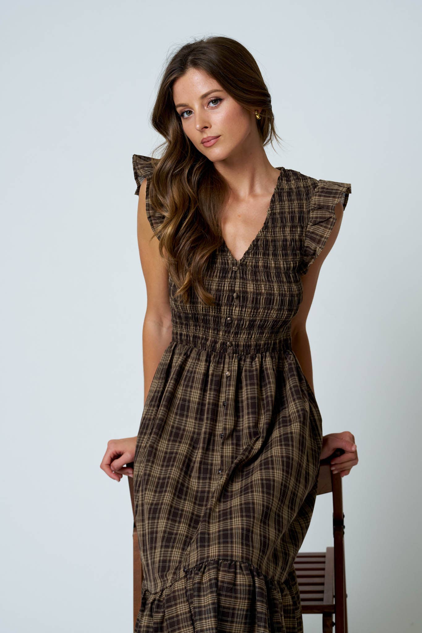 Plaid Smocked & Ruffled Midi Dress
