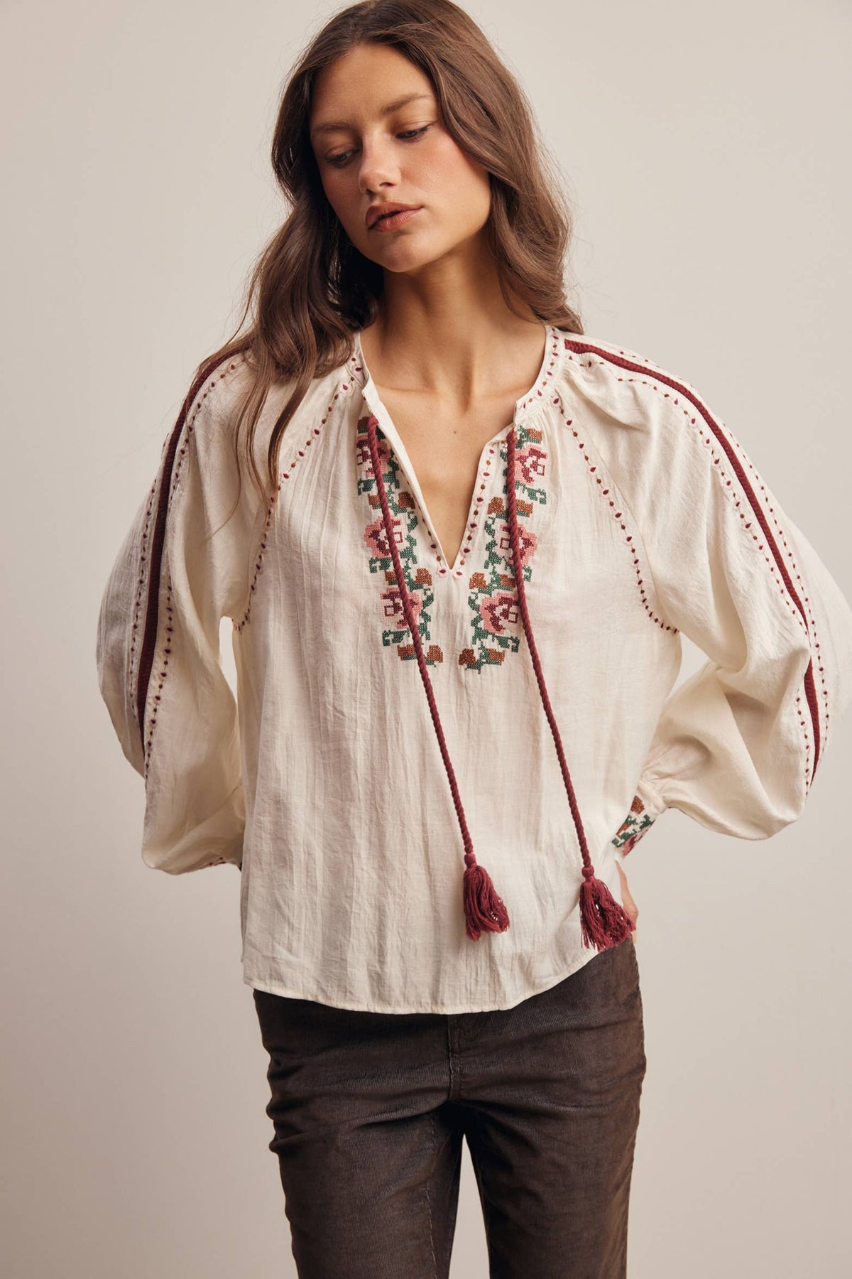 Floral Embroidered Tassel Tie Blouse