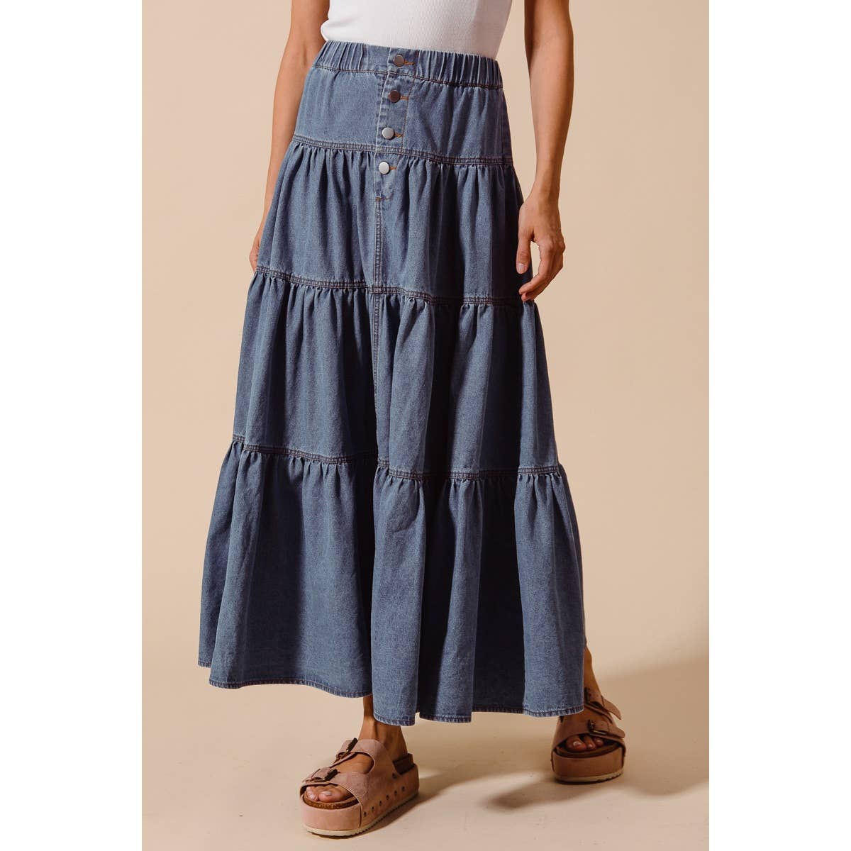 Shirred Denim Maxi Skirt