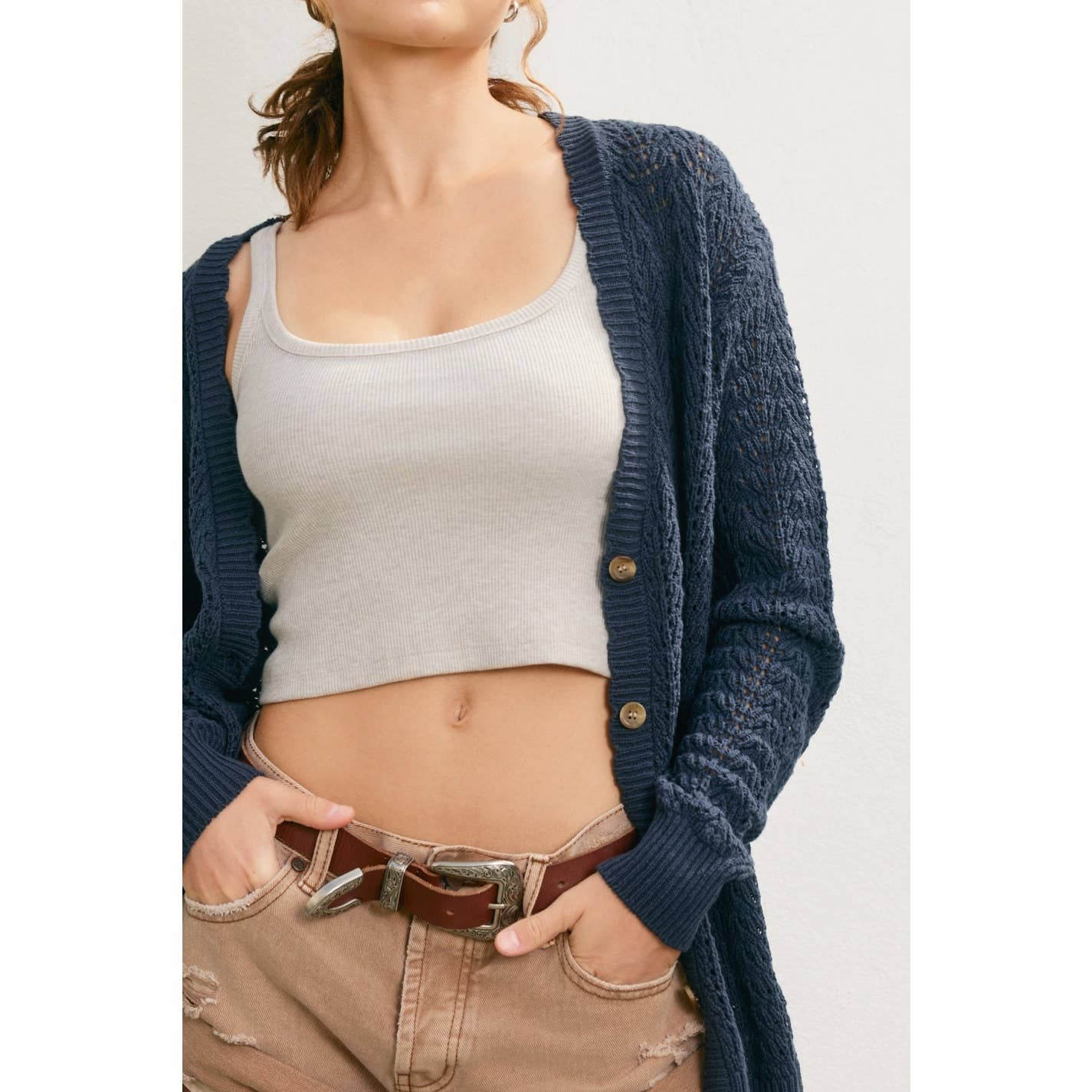Scalloped V Neck Open Knit Cardigan