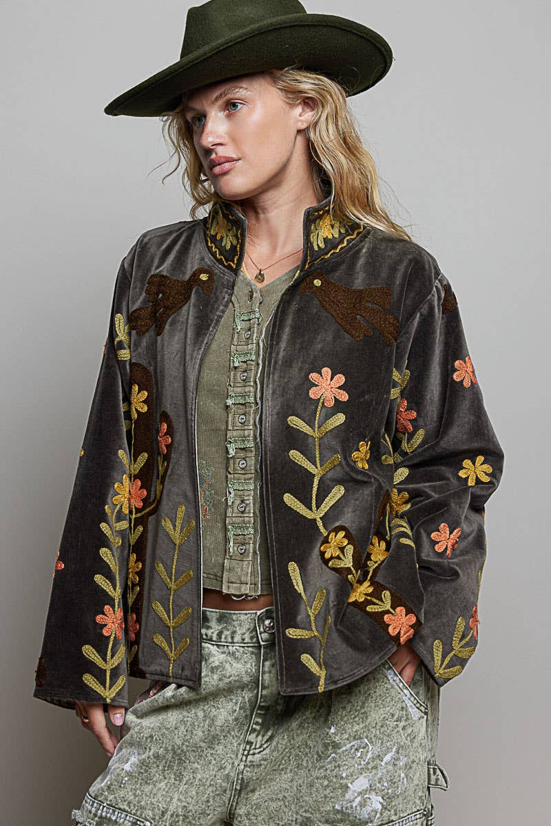 Vine Embroidery Floral Open-Front Closure Velvet Jacket