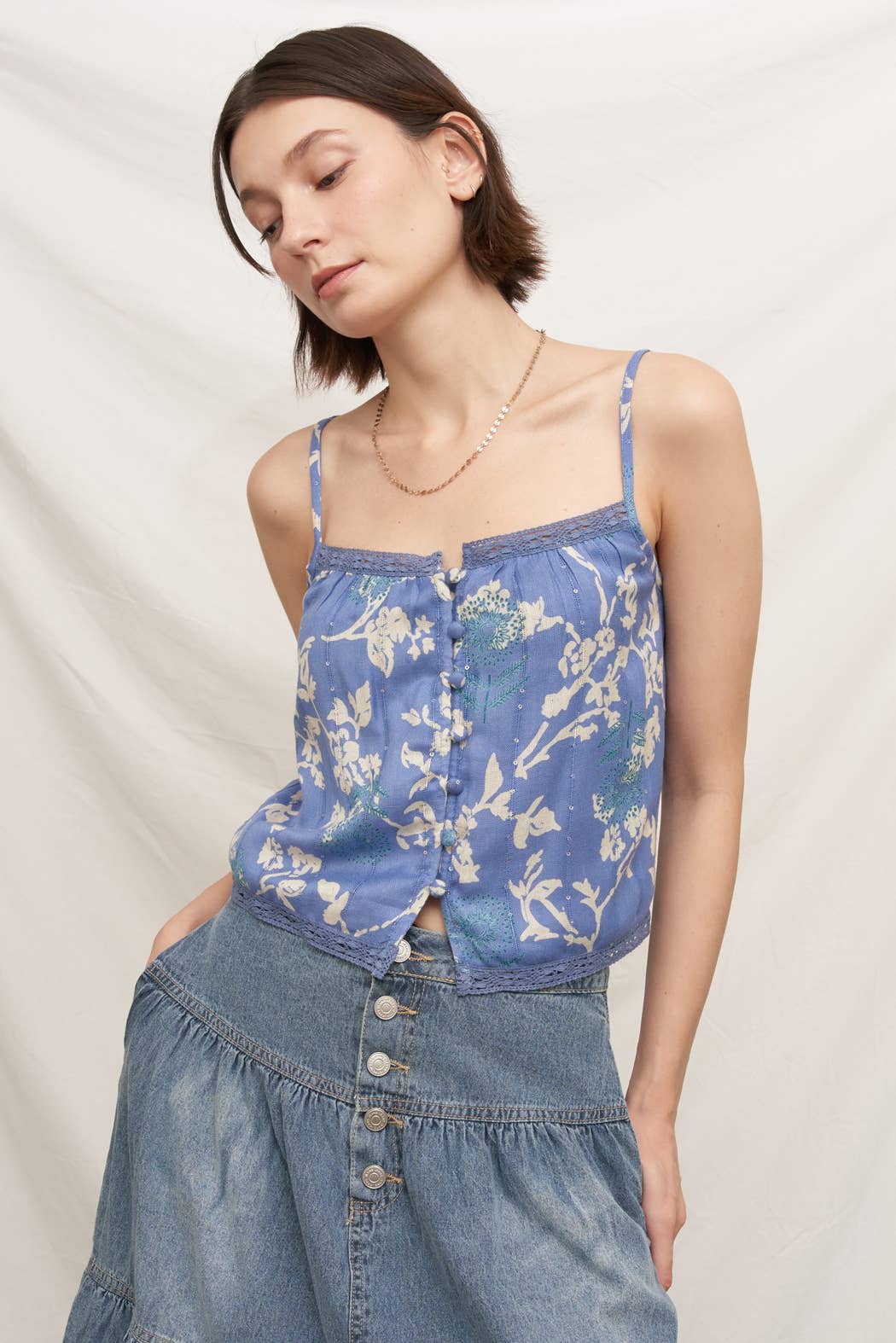 Printed Cami Top with Lace Trim and Sequin Detail