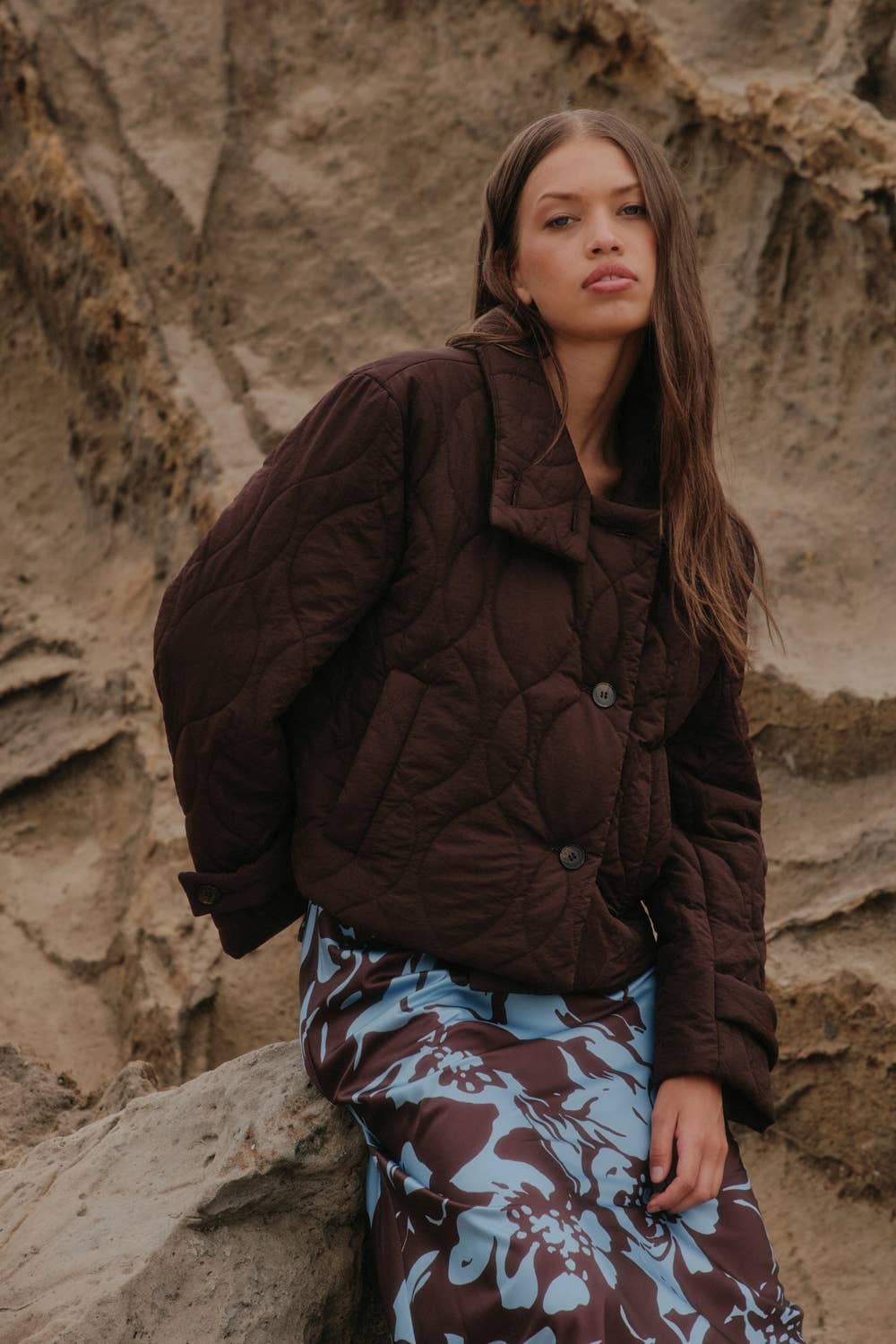 Solid Quilted High-Collar Button-Front Cropped Jacket