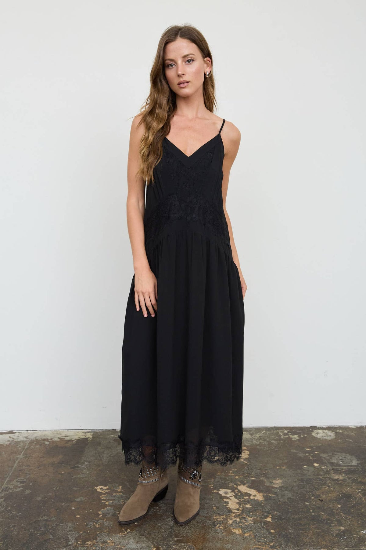 Drop Waist Lace Trim Midi Dress