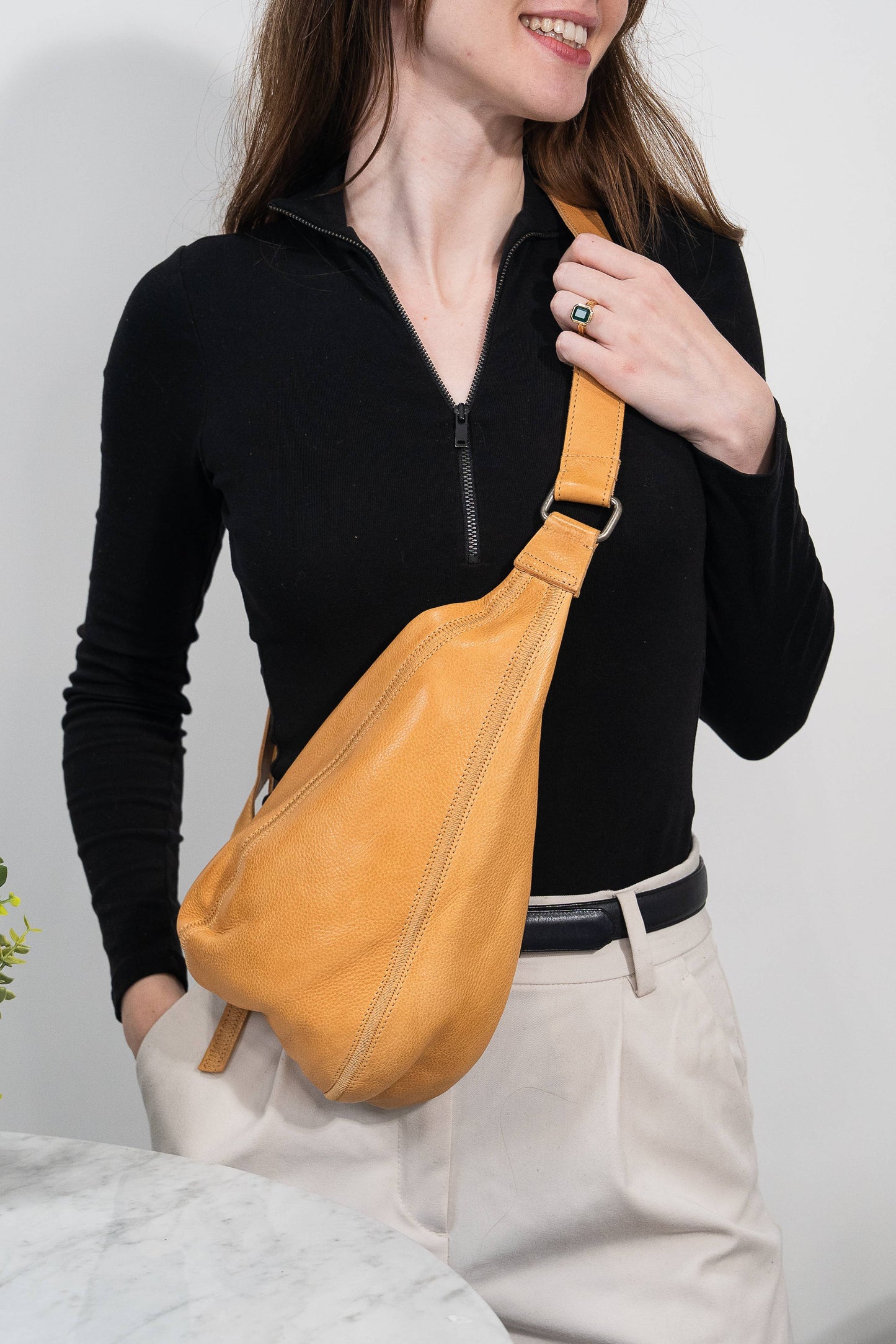 Hippie Handcrafted Leather Sling Bags: Oat