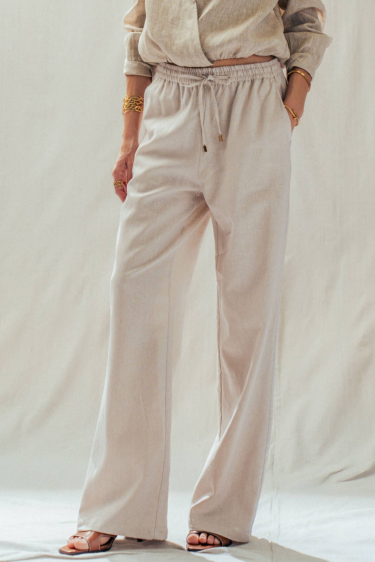Linen Blend Wide Leg Pants Drawstring Waist 