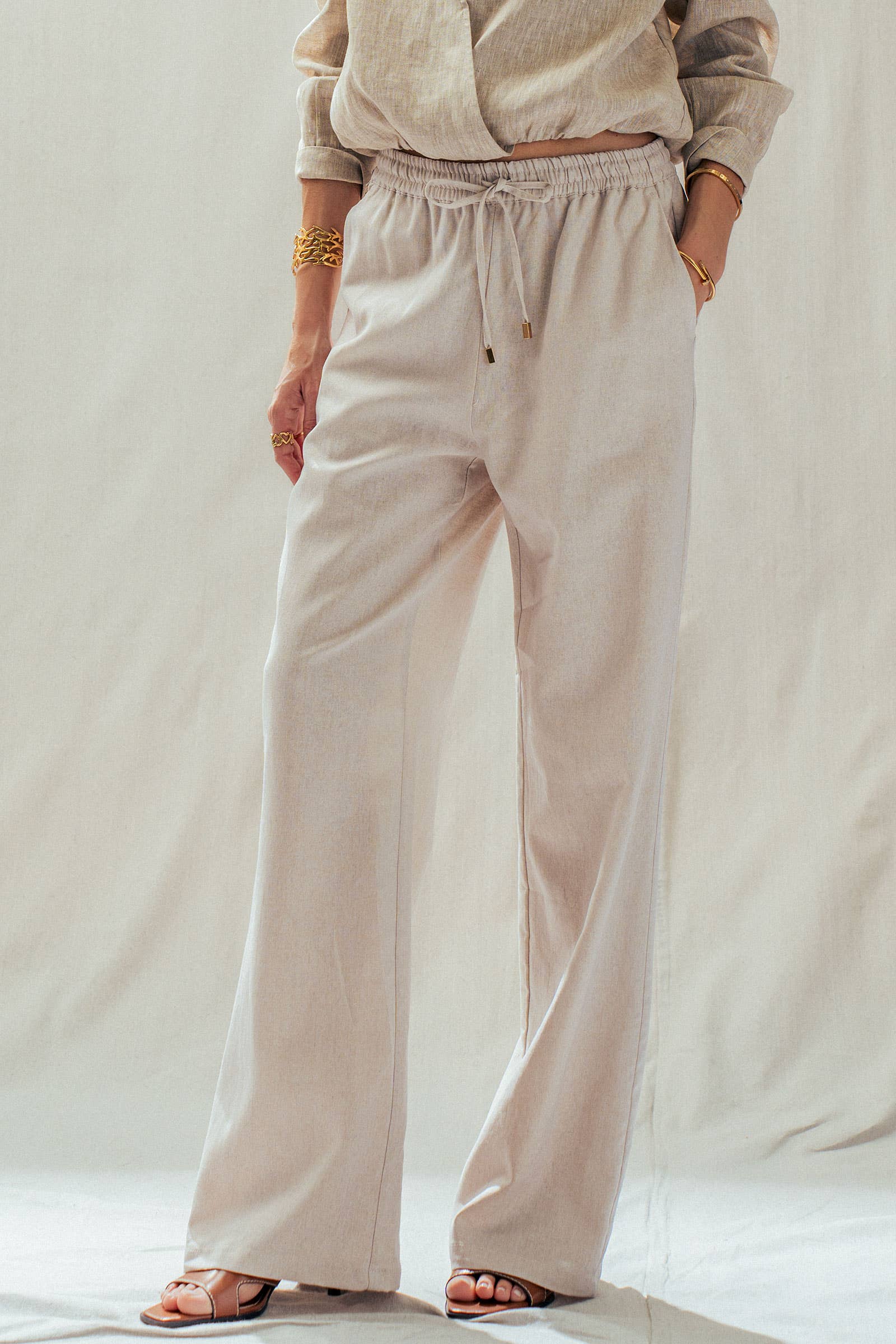 Linen Blend Wide Leg Pants Drawstring Waist 