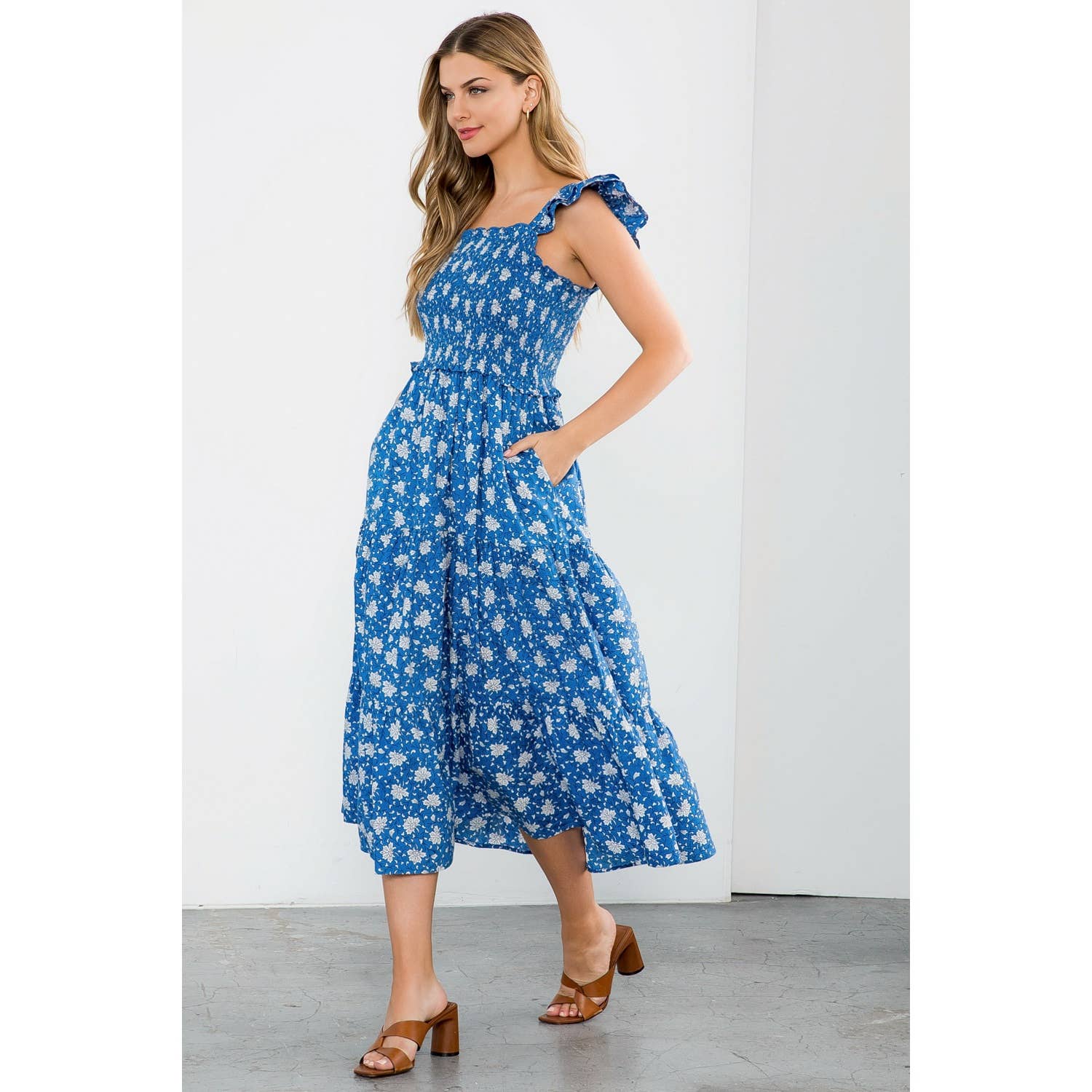 Smocked Tiered Flower Print Dress 