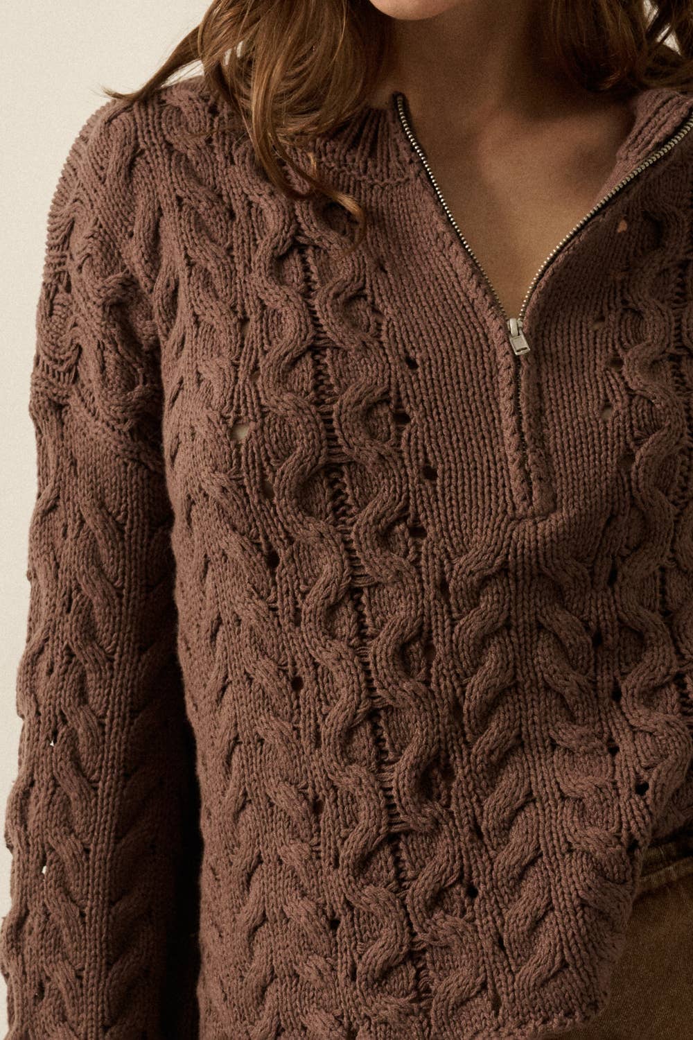 Cable-Knit Half-Zip Cuffed Drop-Shoulder Sweater