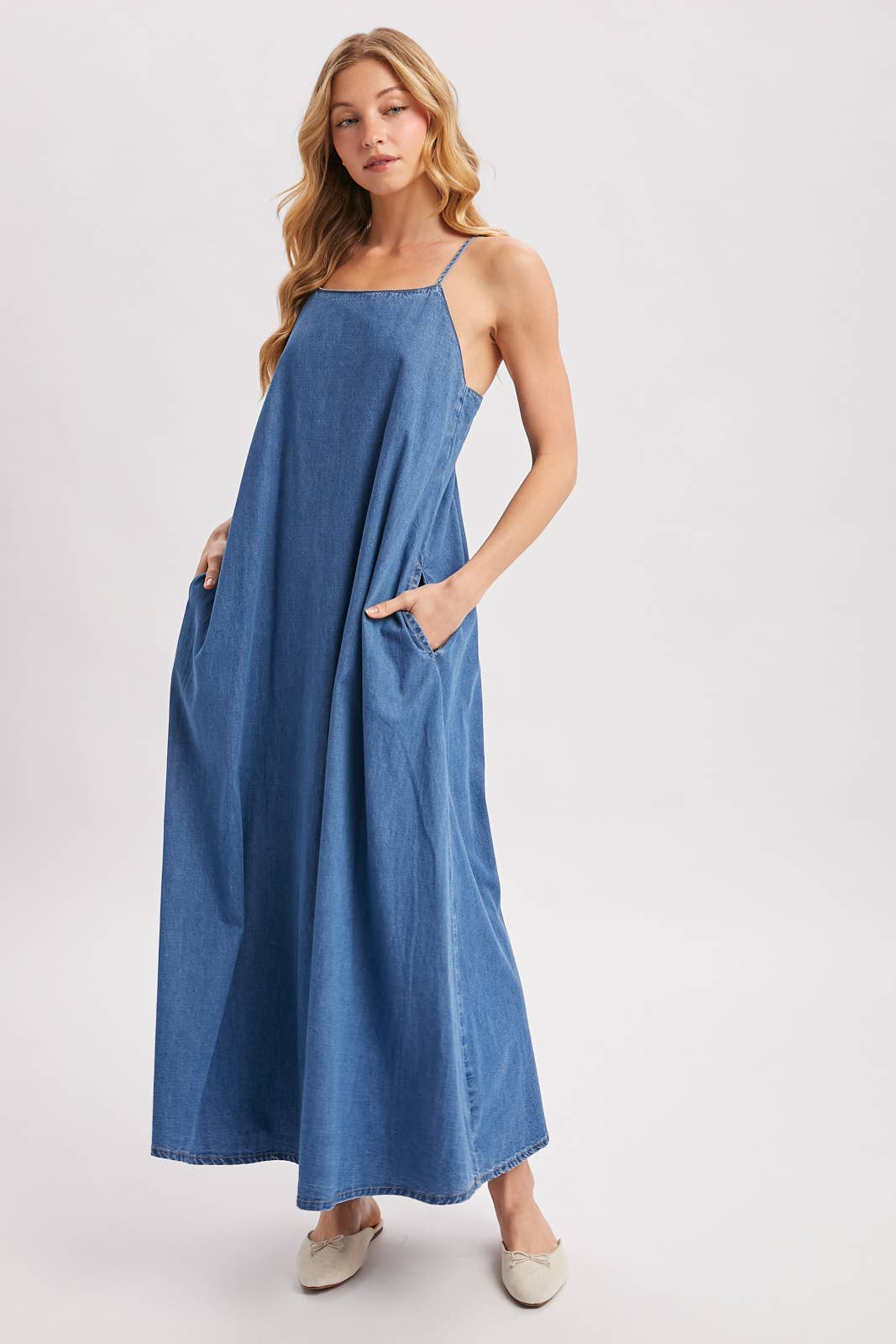 Midi Denim Open Back Dress 