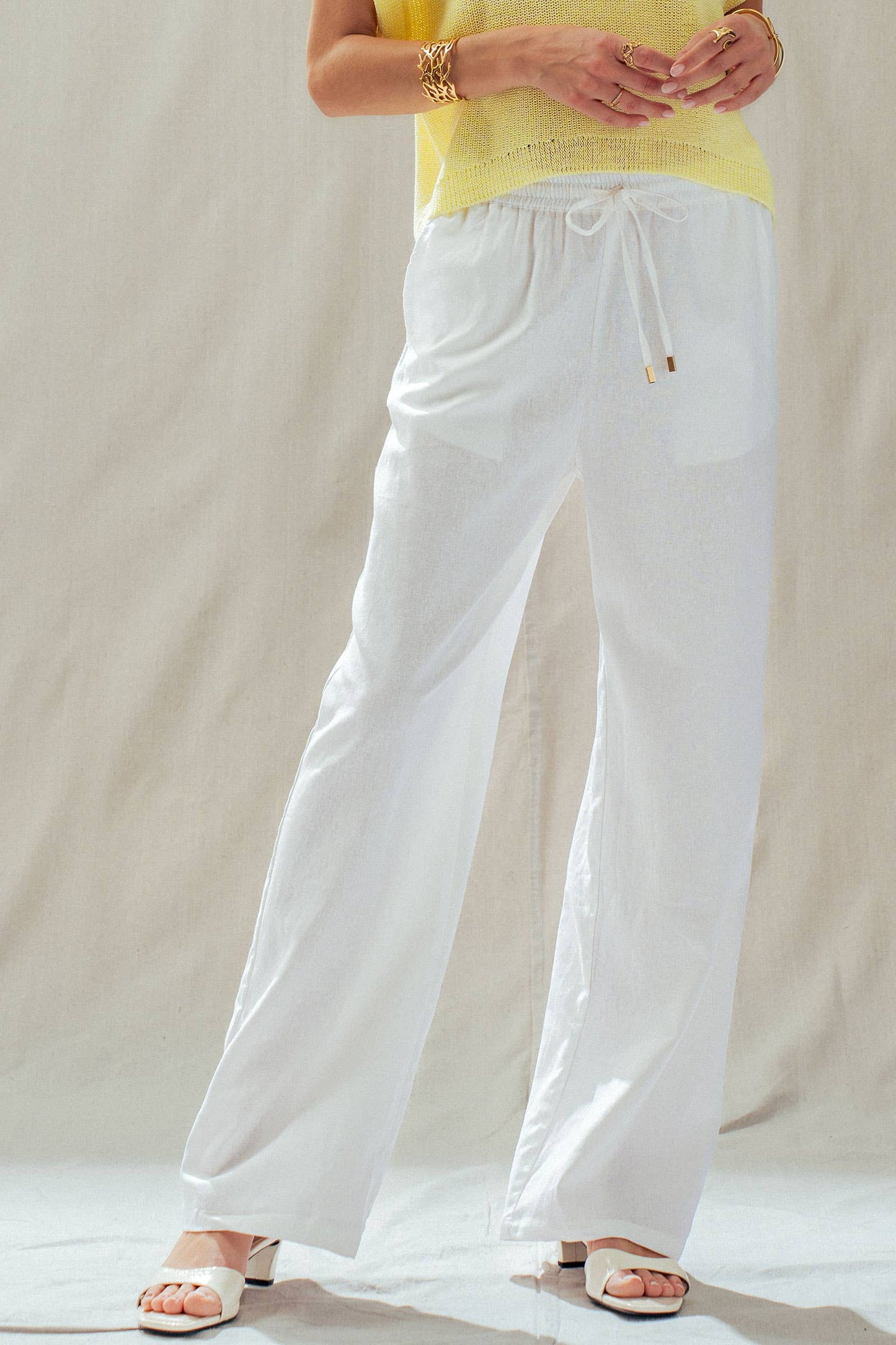 Linen Blend Wide Leg Pants Drawstring Waist 