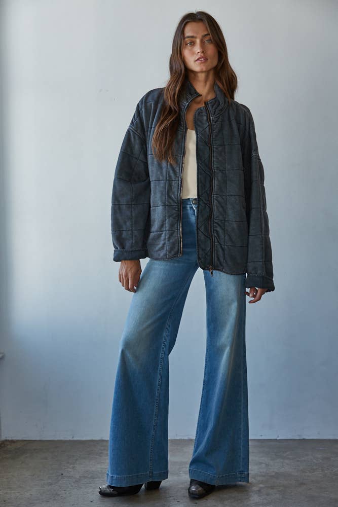 Long Sleeve Quilted Knit Mineral Washed Jacket